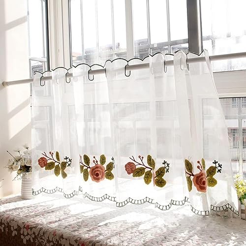 HM&DX Cortina corta con bordado floral de encaje, cenefa de encaje rústico, estilo pastoral, sin perforación, cenefa de ventana para cocina, Hilo