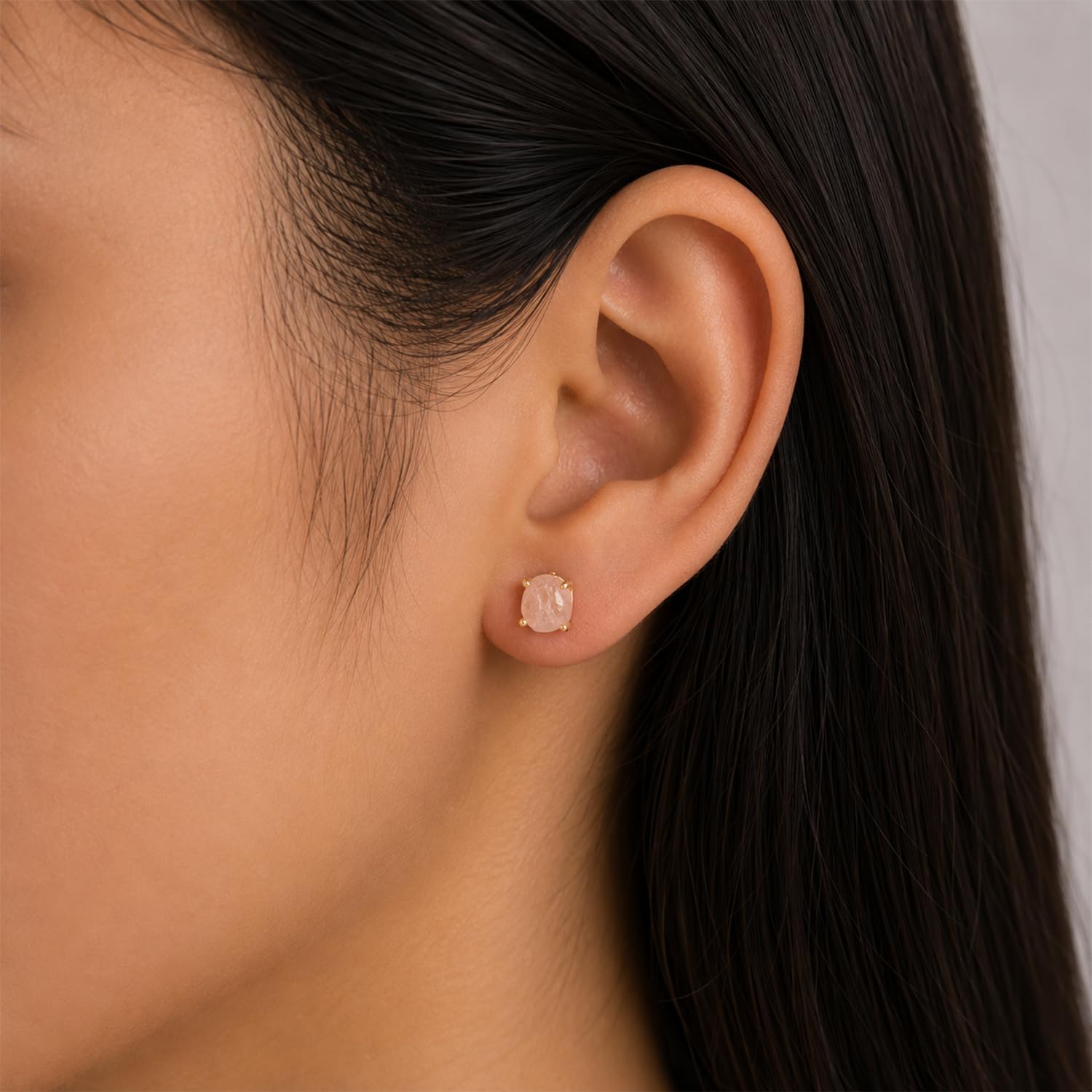 Raw Gold Stud Earrings For Women Natural Gemstone Dainty Pair, Birthstone Energy Crystals Jewelry 14K Gold Plated Flat Back Earrings Trendy Gifts For Mom