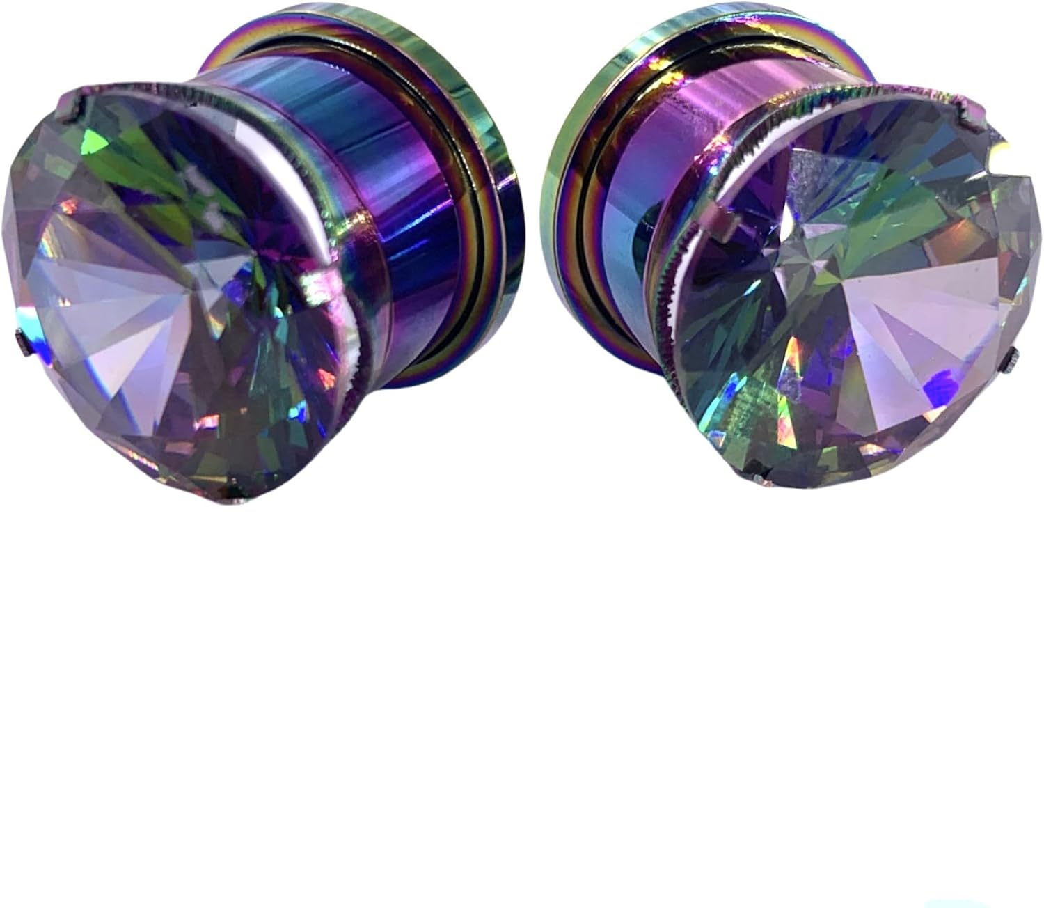 KUNIU 2PCS Surgical Steel Ear Gauges, Plugs with Colored Cubic Zirconia Gem, Screw-on piercing jewelry gauge 6g to 5/8''