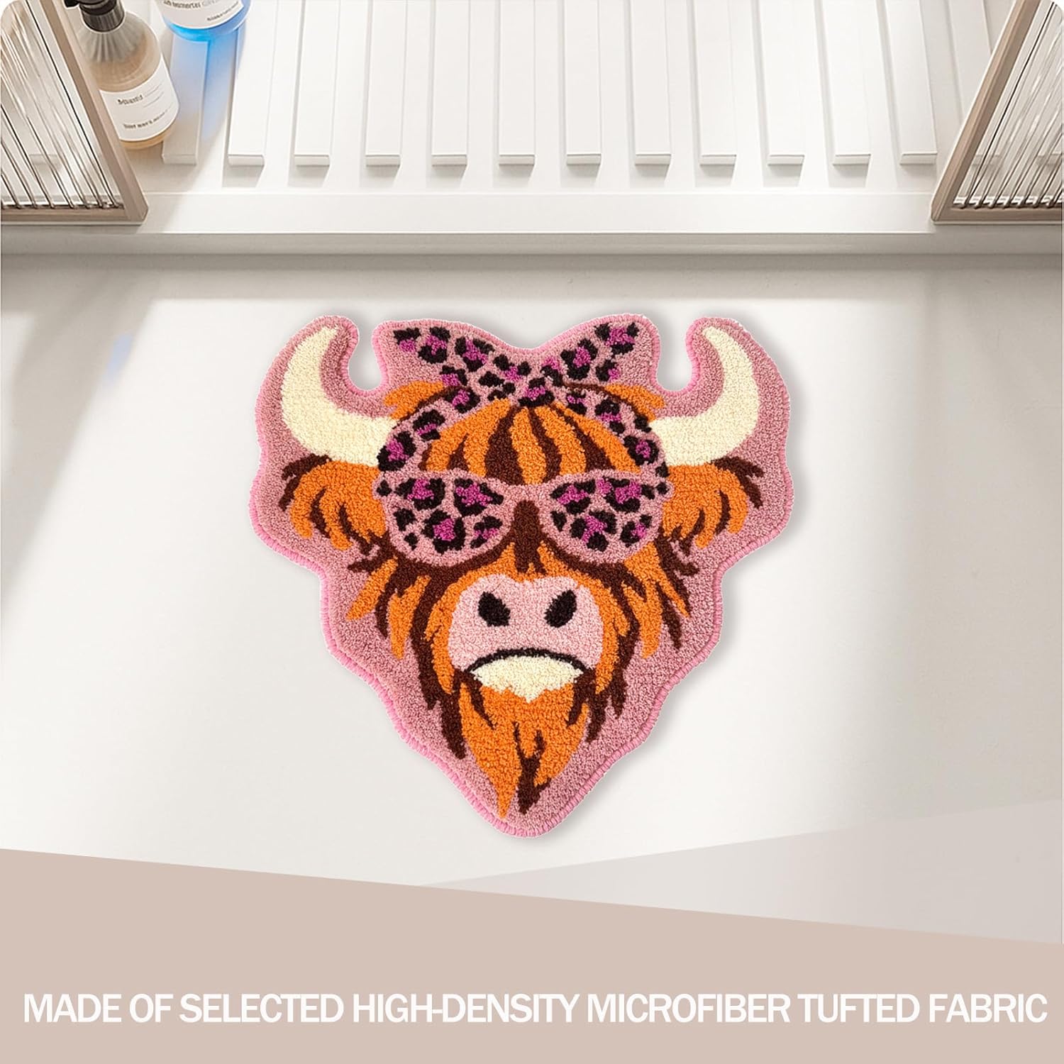 Cool Highland Cattle Bathroom Rug, Soft Plush Animal Cow Tufted Bath Mat, Non-Slip & Machine Washable, Absorbent Quick Dry Floor Door Mat Home Decor for Shower, Tub and Sink, 23.6"x23.6"