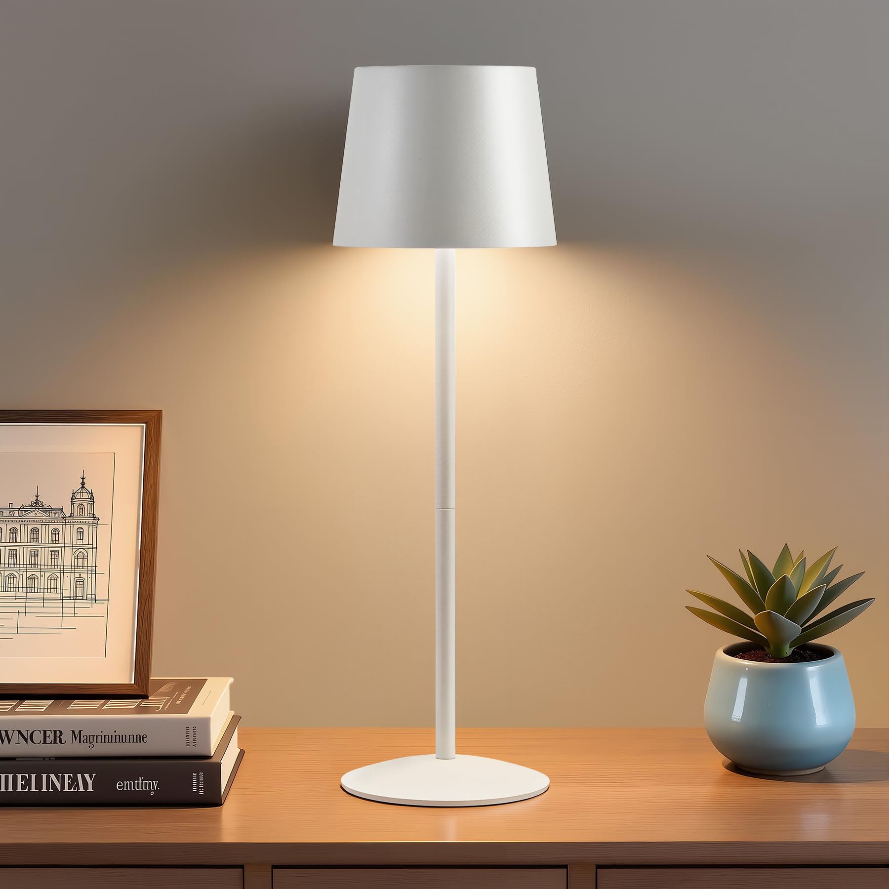 GyroVu Cordless Table Lamp White, Rechargeable LED Desk Lamp, Stepless Dimming LED Touch Lamp, Wireless Portable Table Lamp for Bedside Nightstand Living Room Restaurant Camping