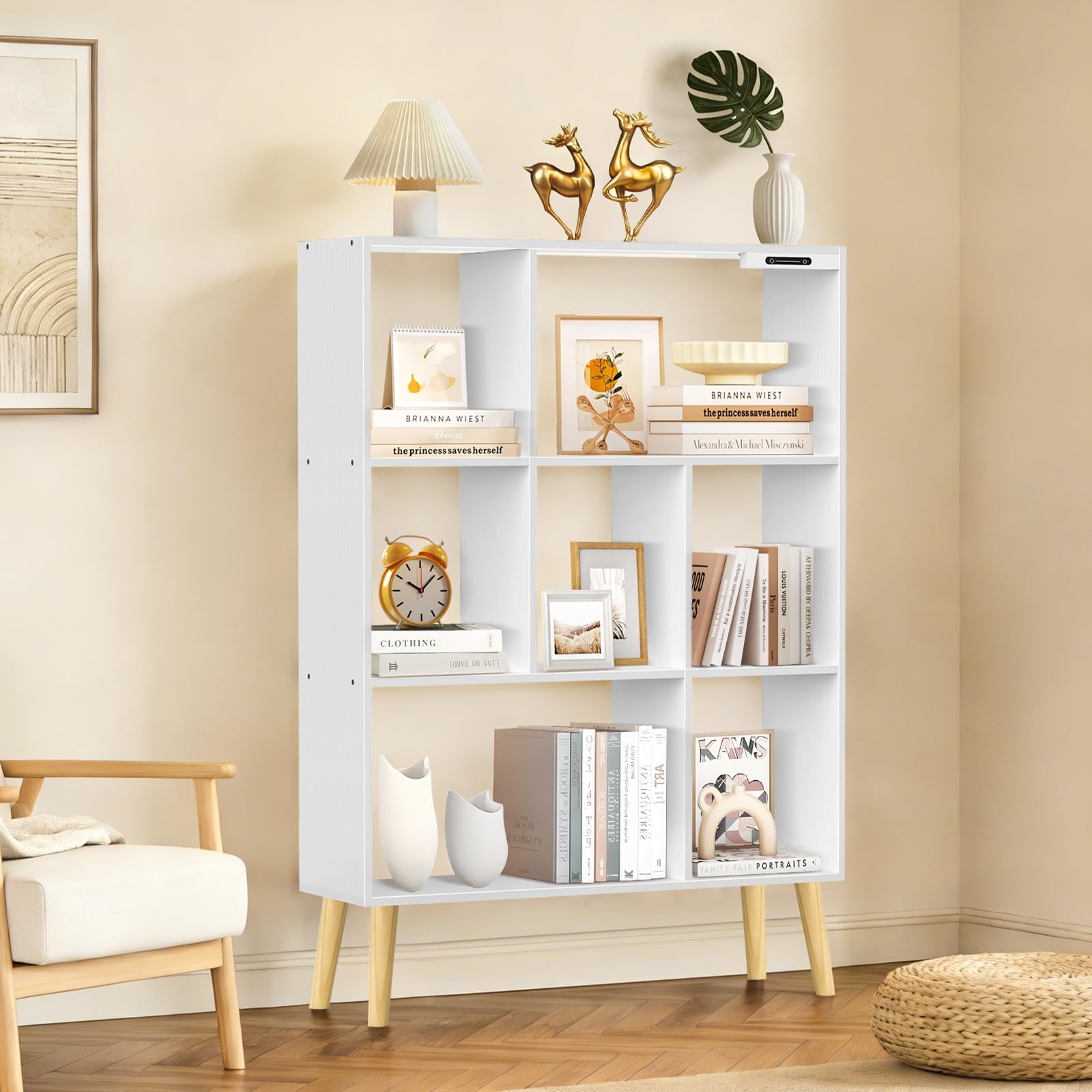 Estantería de 7 Cubos con Luces LED, Control Táctil y Remoto, Librería Moderna Independiente Regulable, Organizador de Madera para Salón, Dormitorio u Oficina