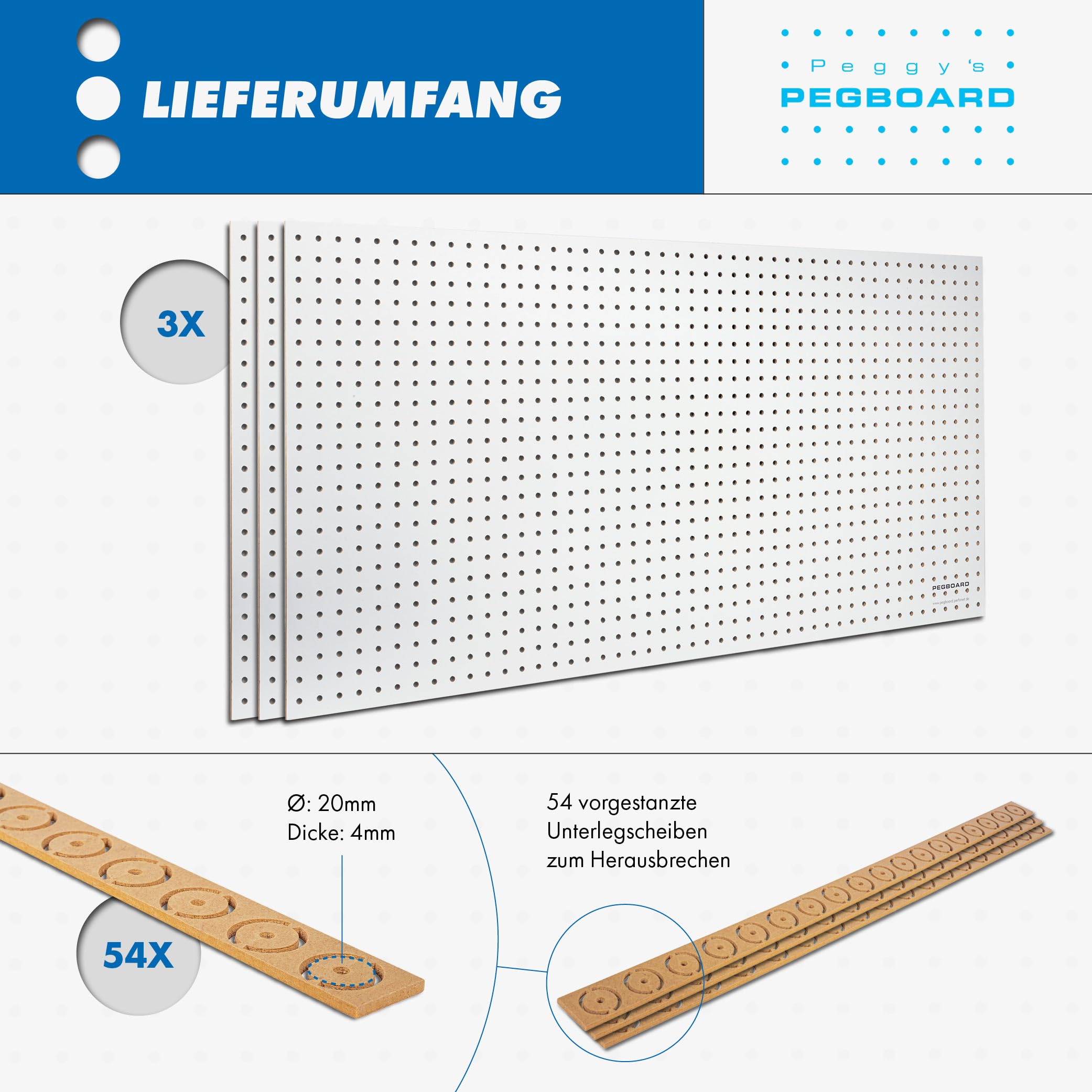 Pannello/parete portautensili in legno, da 120 x 60 x 0,5 cm, con fori da 7 mm di diametro, in MDF, bianco laccato (3)