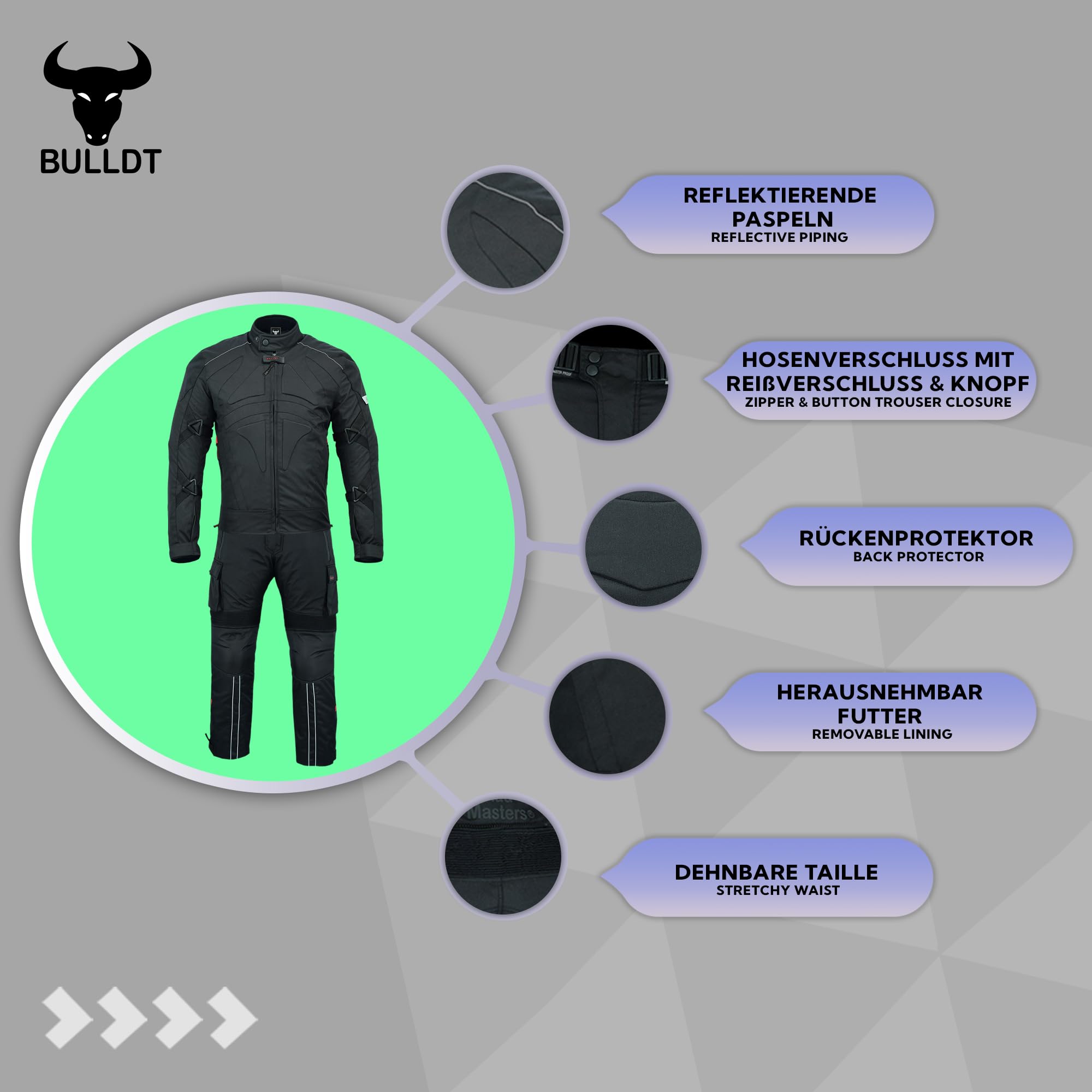 BULLDT Herren 2-teiliger Motorradkombi mit CE-Protektoren – Jacke & Cargo Motorradhose, 4-lagig, Winddicht, Abnehmbares Thermofutter, 9 Taschen, Reflektierende Elemente, für Sommer & Winterfahrten