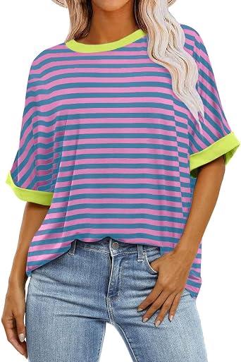 Womens Oversized T Shirts Loose Fit Crewneck Short Sleeve Tops Striped Summer Shirt Casual Blouse Trendy Y2K Tee Top