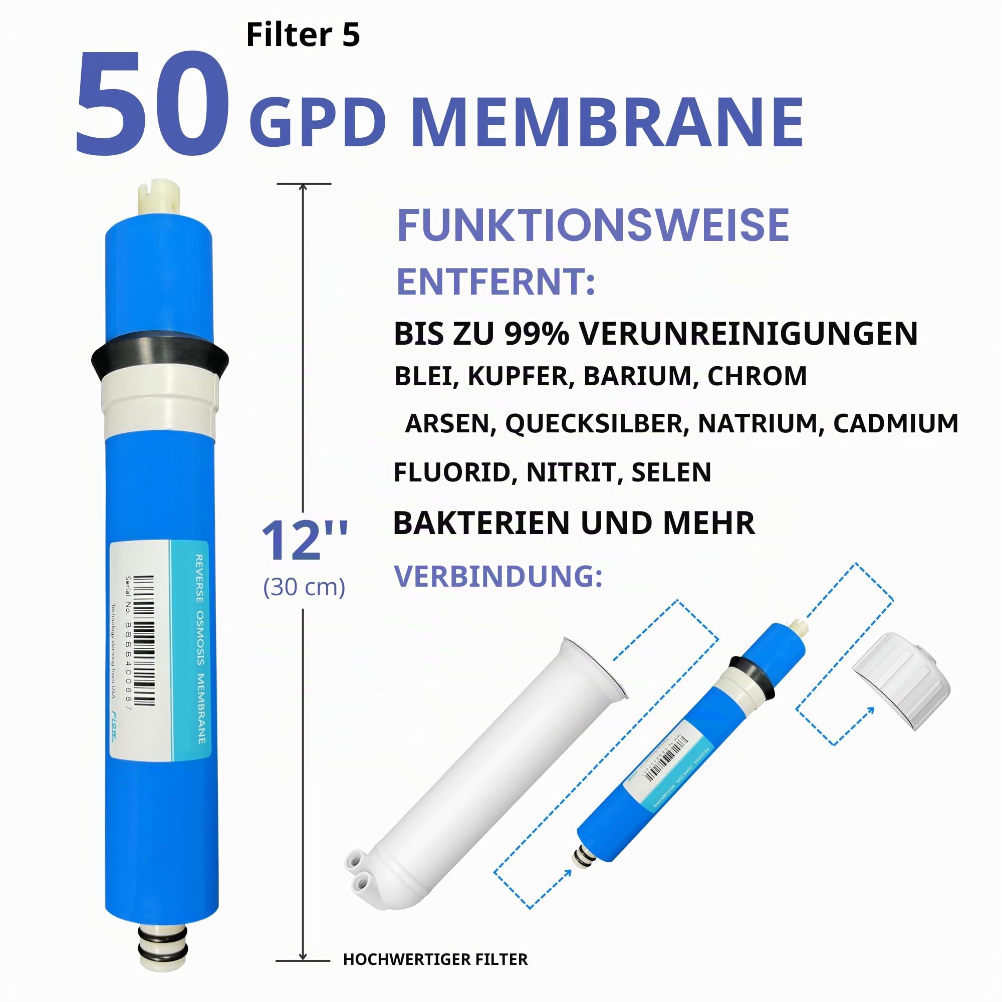 Depurtek | 5-stufige Umkehrosmose-Membran & 4 Filter | 50 GPD TFC | Vor-/Nachfilter | Kompatibel mit Hidrosalud Hidropur.Compact | Osmose Trinkwasser Hahn