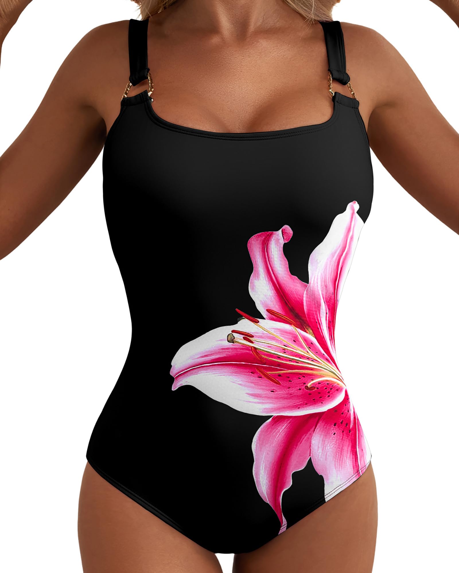 Bsubseach Einteiliger Damen Badeanzug mit Blumenmuster verstellbare Träger Bauchkontrolle Badeanzug