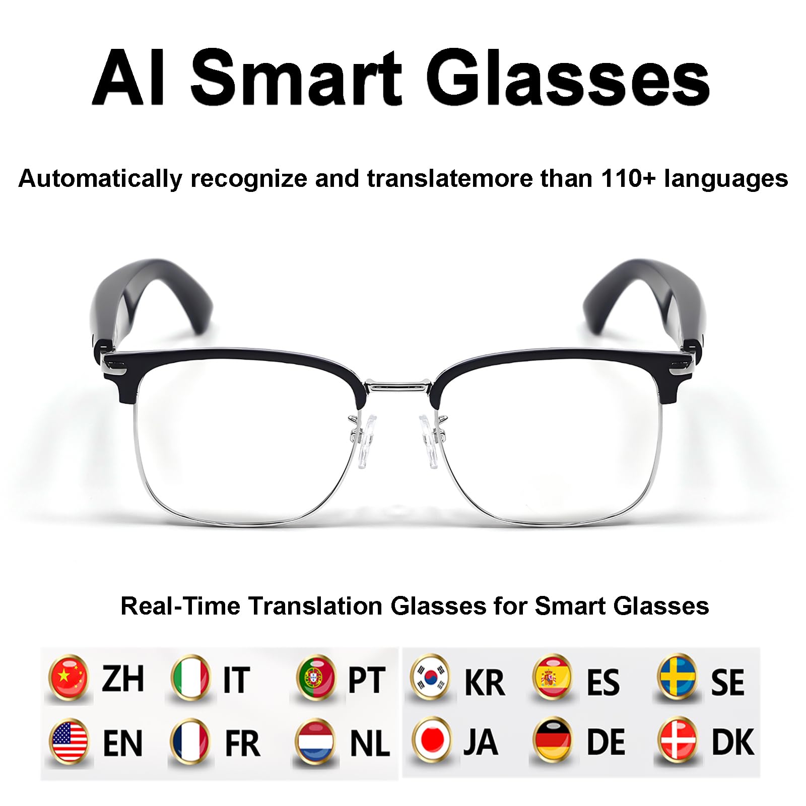 Lunettes de traduction intelligentes avec AI, lunettes Bluetooth pour homme, audio HD, traducteur en temps réel, assistant vocal, musique/appels mains libres (noir)