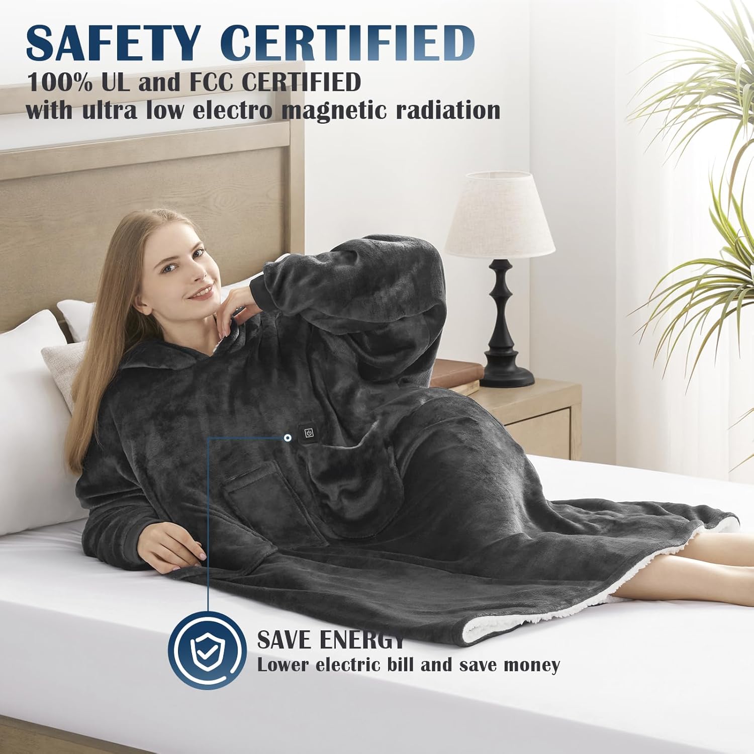 Woman wearing the heated blanket hoodie, with text indicating UL and FCC safety certification