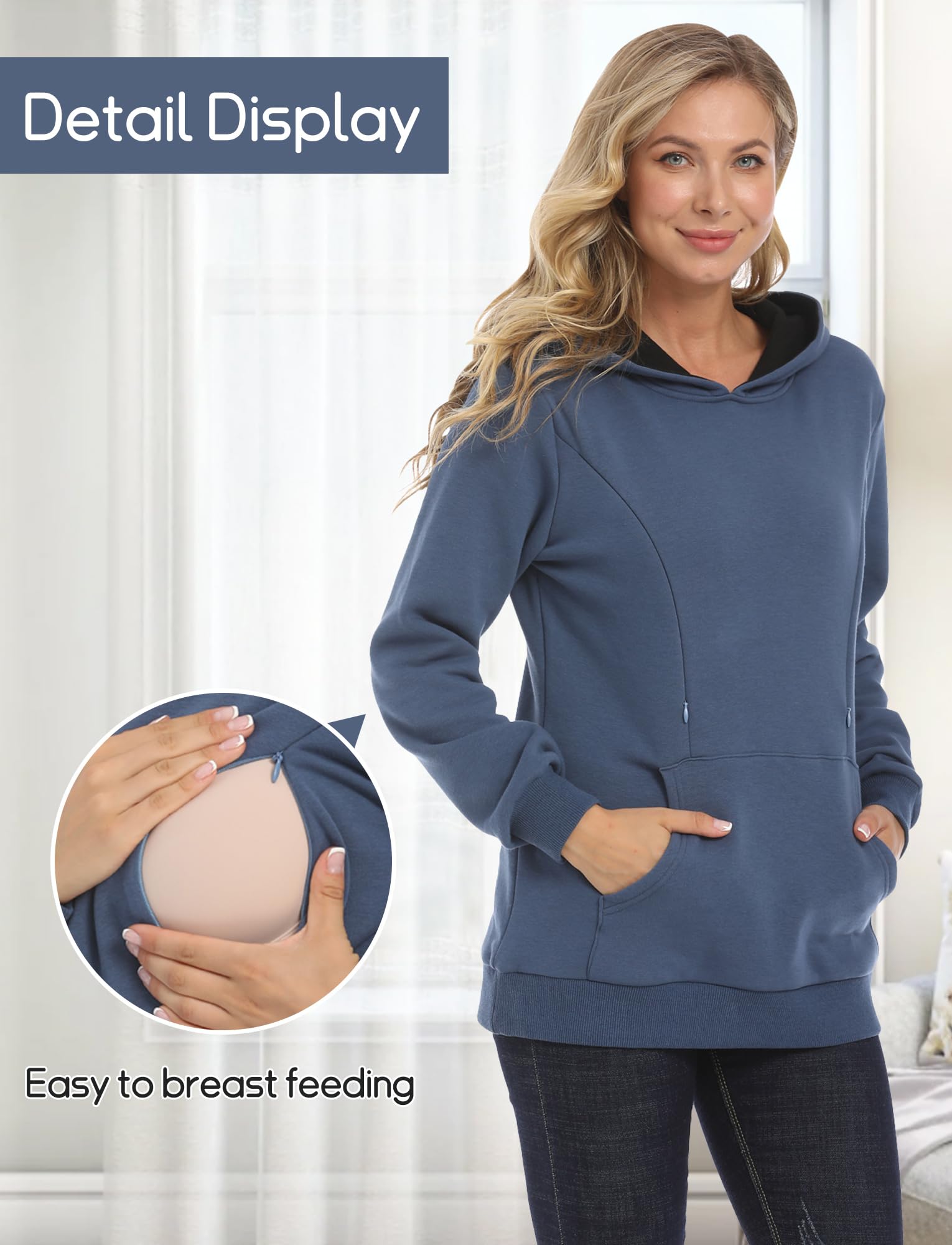 FEOYA Sudadera con capucha para embarazadas, manga larga, camiseta de lactancia, cómoda cremallera, algodón, camiseta de lactancia, manga larga, tallas XS-XXL