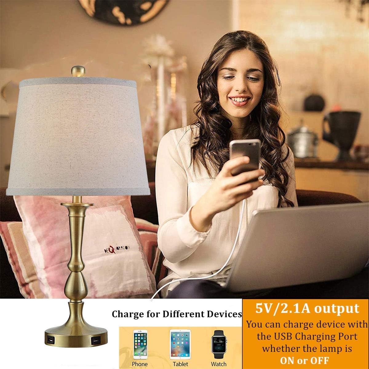 Best Deal Modern Table Lamp Set of 2, USB Table Lamps with Beige Drum Shade, 22” Metal Bedside Nightstand Lamps for Bedroom, Living Room, Brass Finish