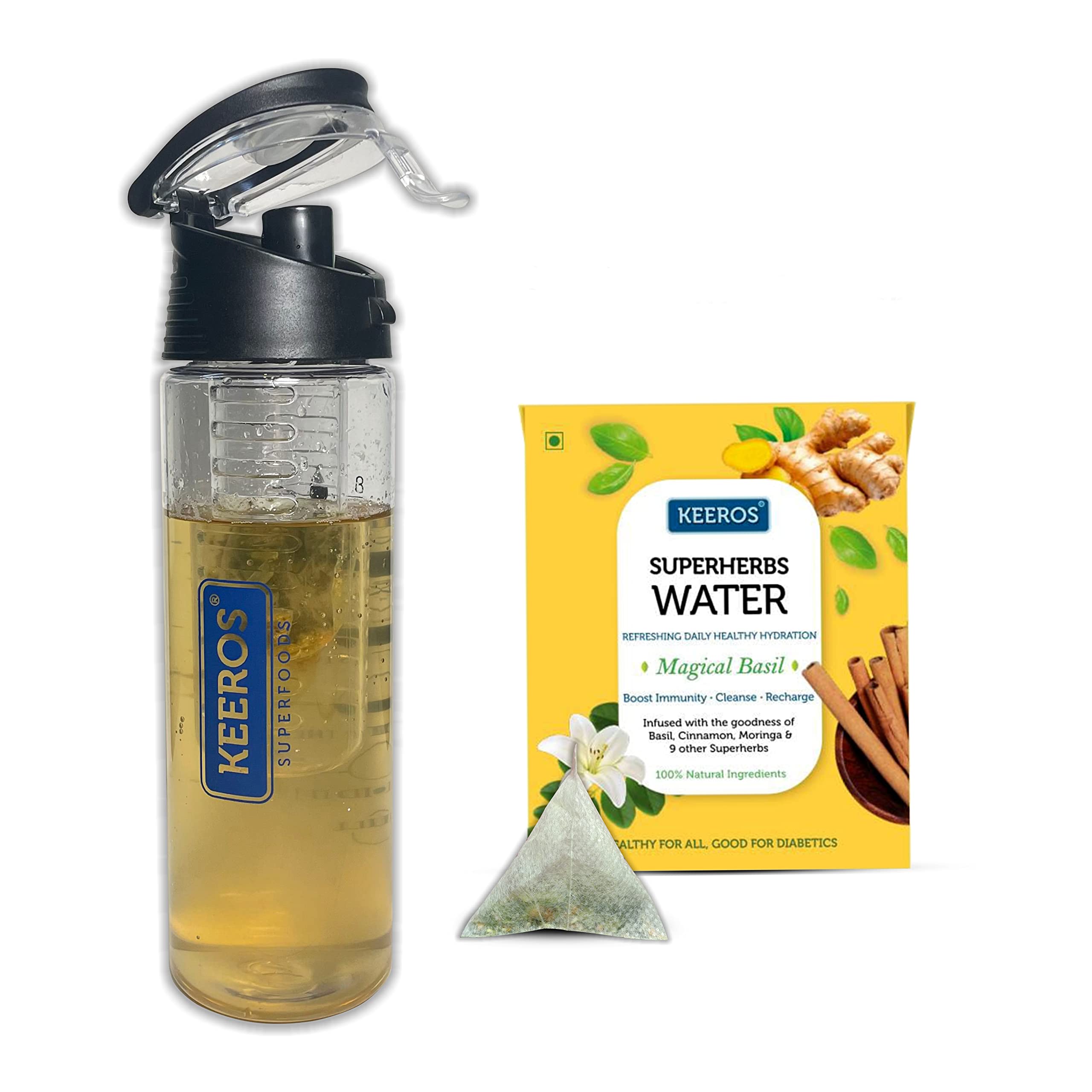 KEEROS Infuser Detox Water Bottle 800 ml | BPA Free | Leak Proof, Food Grade Plastic, Durable, Non-Toxic Infuser Water Bottle with Super Easy to use Superherbs Infusers worth Rs.100