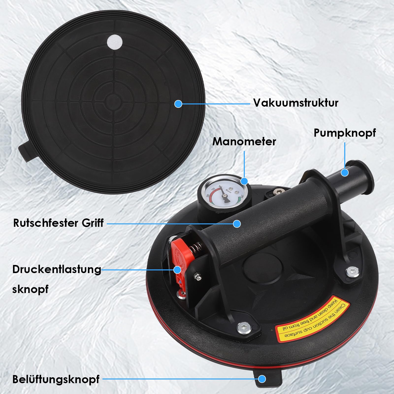 2er-Set 8" Saugheber mit Manometer, Glassauger Tragkraft Max. 200KG, Vakuum Fliesenheber mit Tragbarer Werkzeugkasten, für Glas, Fliesen, Marmor