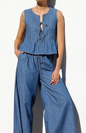 loveimgs Women Summer 2 Piece Denim Set Sleeveless Pleated Tencel Tank Jean Vest Top Tie Wide Leg Denim Palazzo Pants Outfit