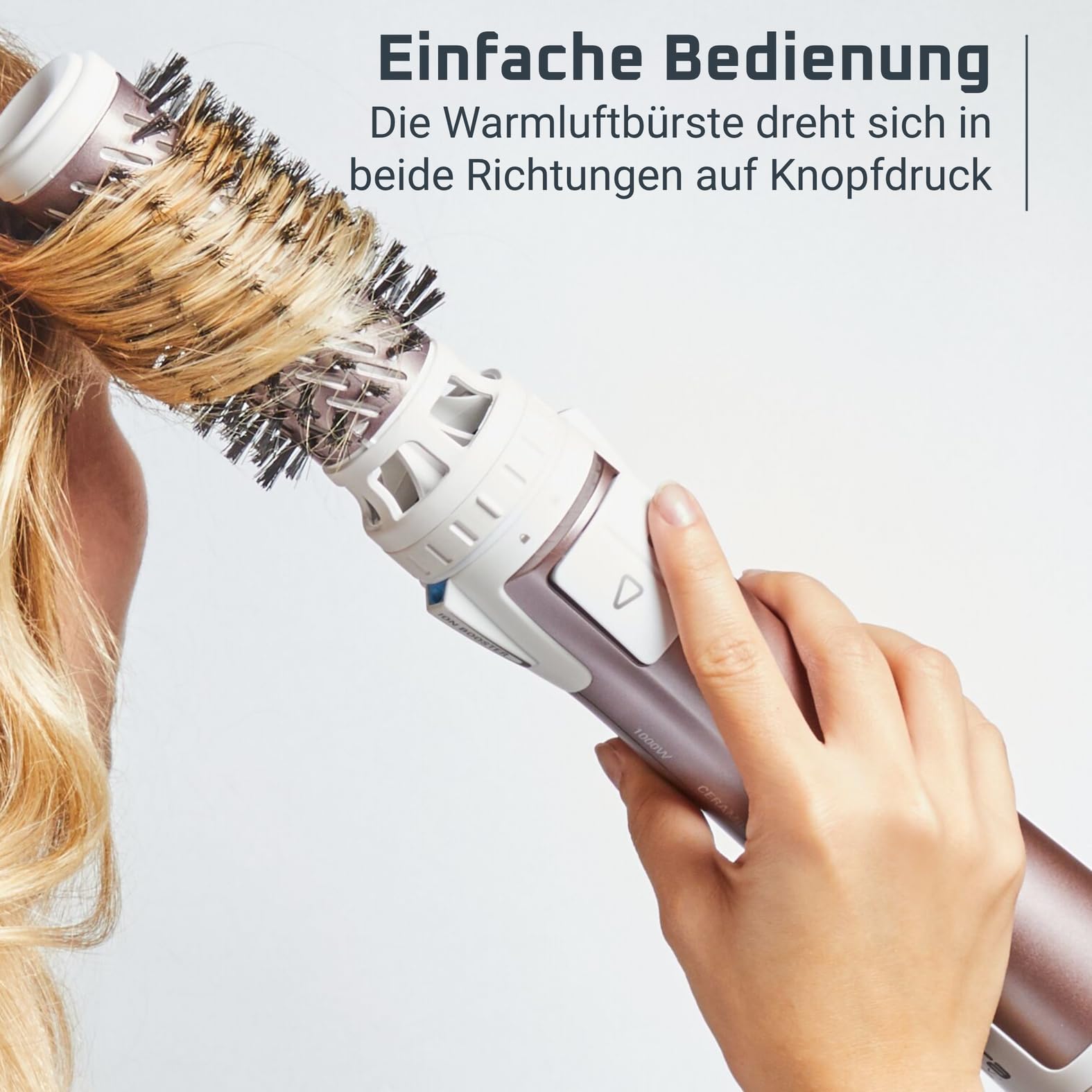 Rowenta Brush Activ Premium Care rotierende Warmluftbürste, Naturborsten für glänzendes Haar, Kaschmir-Keratin-Beschichtung, 2 Bürstenaufsätze 40mm und 50mm, 3 Stufen, Föhnbürste, weiß, CF9540