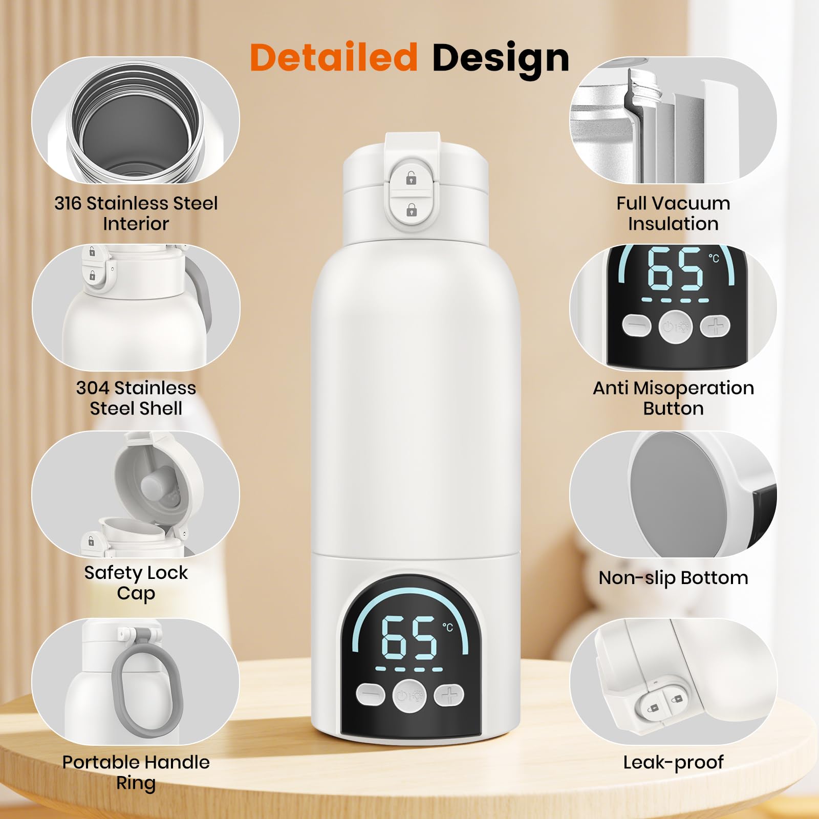 Calienta Biberones Portatil para Viaje, Calentamiento Rápido y Larga Duración de Batería 12000mAh, Capacidad de 500ml Calentador Biberones para Leche Materna y Agua (Blanco)