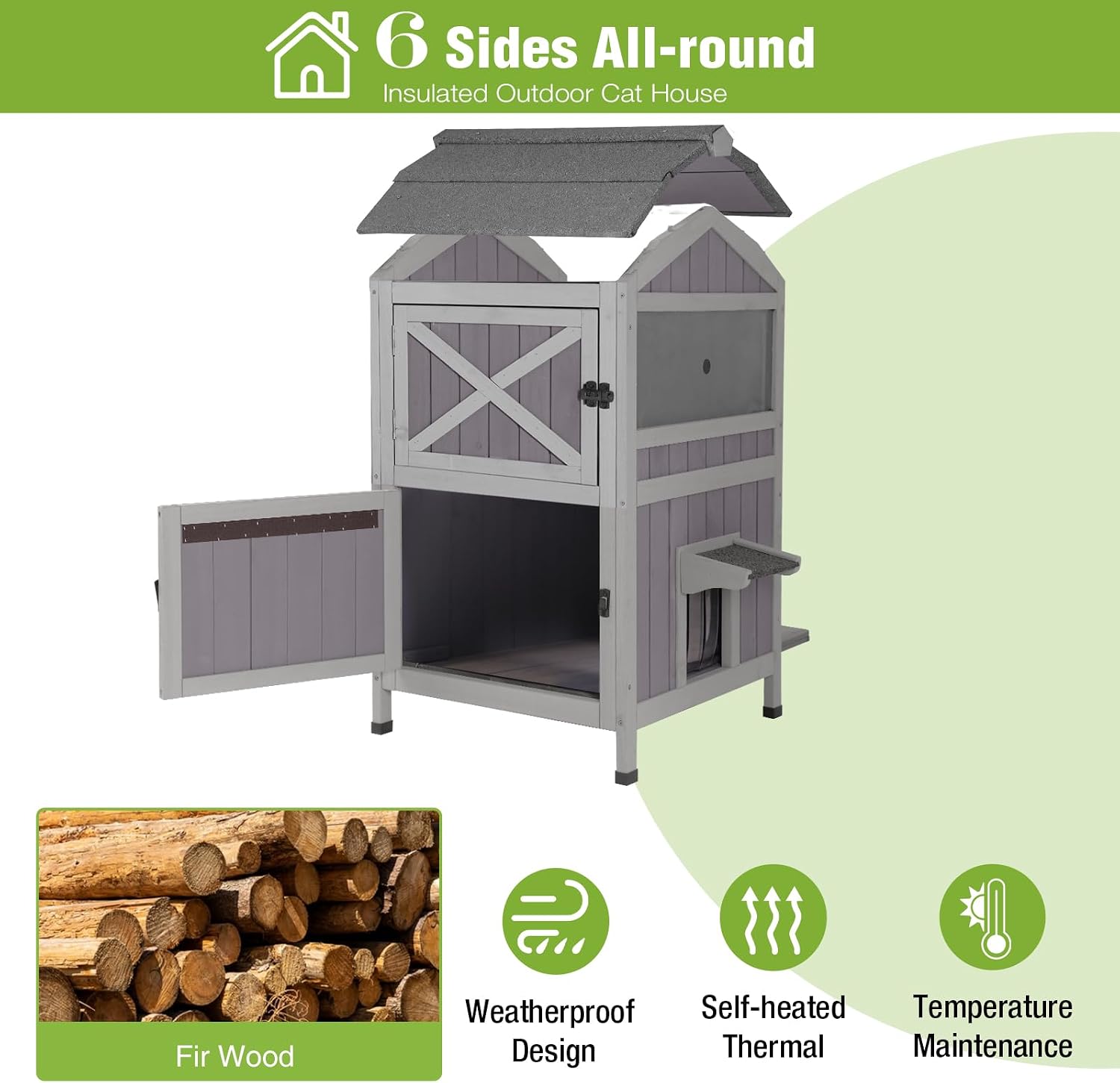 GUTINNEEN 2-Story Outdoor Cat House Insulated Large Weatherproof Feral Cat Shelter Wooden Elevated Kitty Condo with Openable Roof, 2 Large Side Doors, Acrylic Window, 28.7" L x 24.2" D x 36.8" H