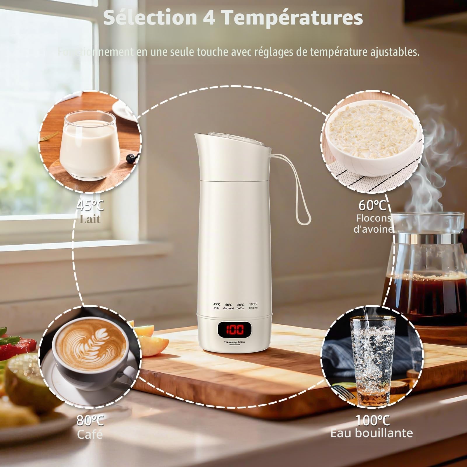 Mini Bouilloire Électrique Portable 400 ML 3 en 1 avec 4 Niveaux de Température, Doublure Acier Inoxydable 304