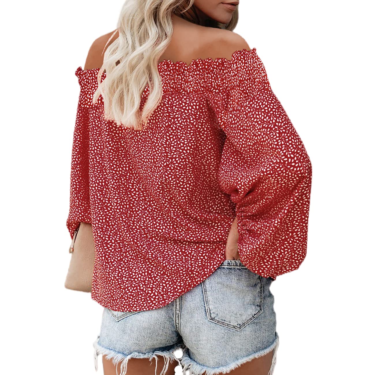 Schulterfreies Oberteil für Damen mit Blumendruck Lange Ärmel sexy Sommerhemden schulterfreie Oberteile für Damen schulterfreie Blusen T-Shirts V-Ausschnitt Hemdbluse Schulterfreies Chiffonhemd