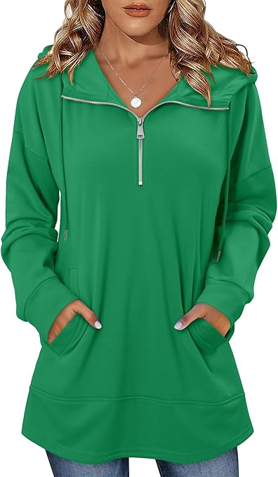 onlypuff Women Hoodie Pullover Trendy Quarter Zipper Lapel Sweatshirts Drawstring Cute Hooded Tunic Tops with Side Pockets