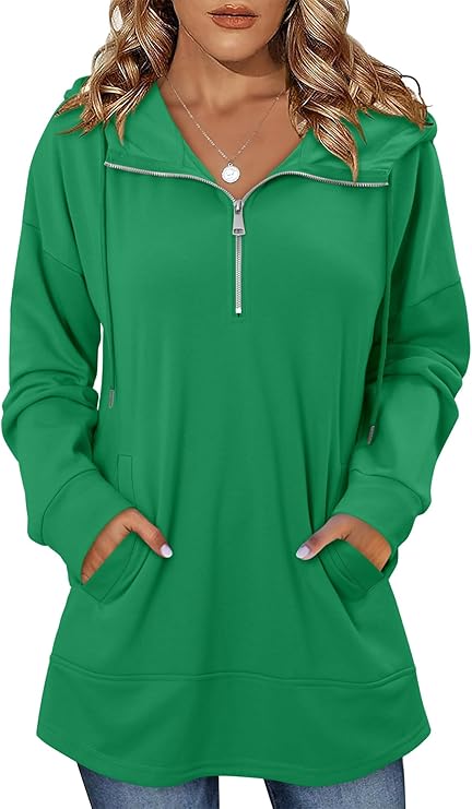 onlypuff Women Hoodie Pullover Trendy Quarter Zipper Lapel Sweatshirts Drawstring Cute Hooded Tunic Tops with Side Pockets