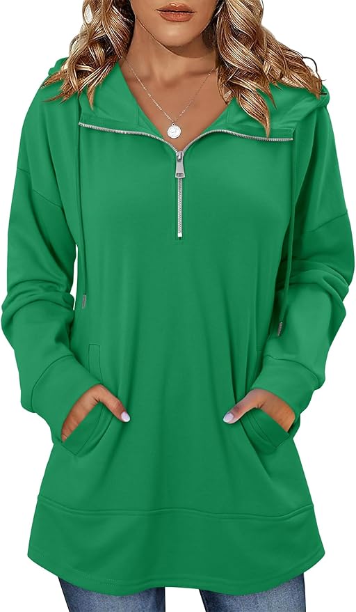 onlypuff Women Hoodie Pullover Trendy Quarter Zipper Lapel Sweatshirts Drawstring Cute Hooded Tunic Tops with Side Pockets