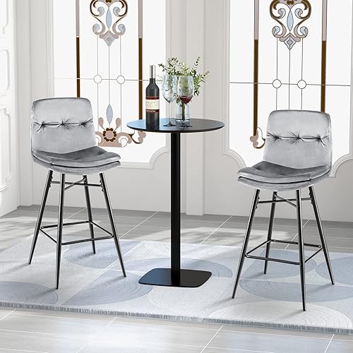 Miniatura 16 de COSTWAY Juego de 2 taburetes de bar, sillas de bar de terciopelo de 28.5 pulgadas con respaldo copetudo, reposapiés y patas de metal, modernas