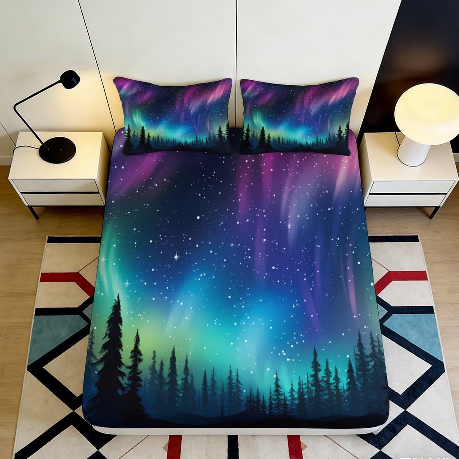 3D Printed Northern Lights Fitted Sheet Microfiber Soft Aurora Forest Mattress Cover Bedroom Decor Washable 90x200x25cm