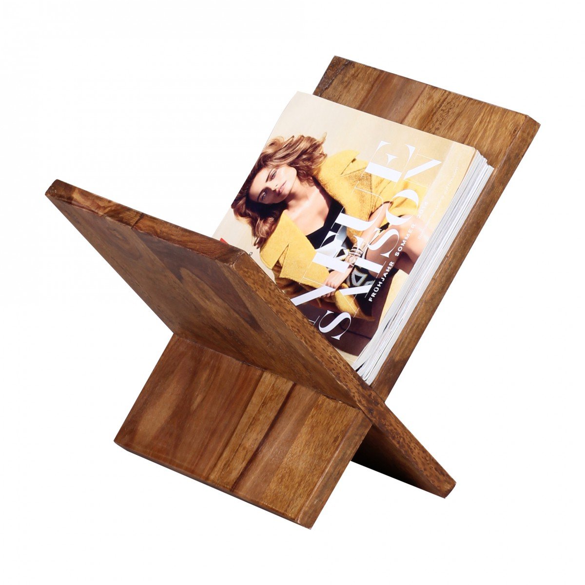 Wohnling Zeitungsständer Mumbai Massivholz Sheesham X-Form 31 cm Zeitschriften-Ständer Design Prospekt-Halter Landhaus-Stil Buchständer