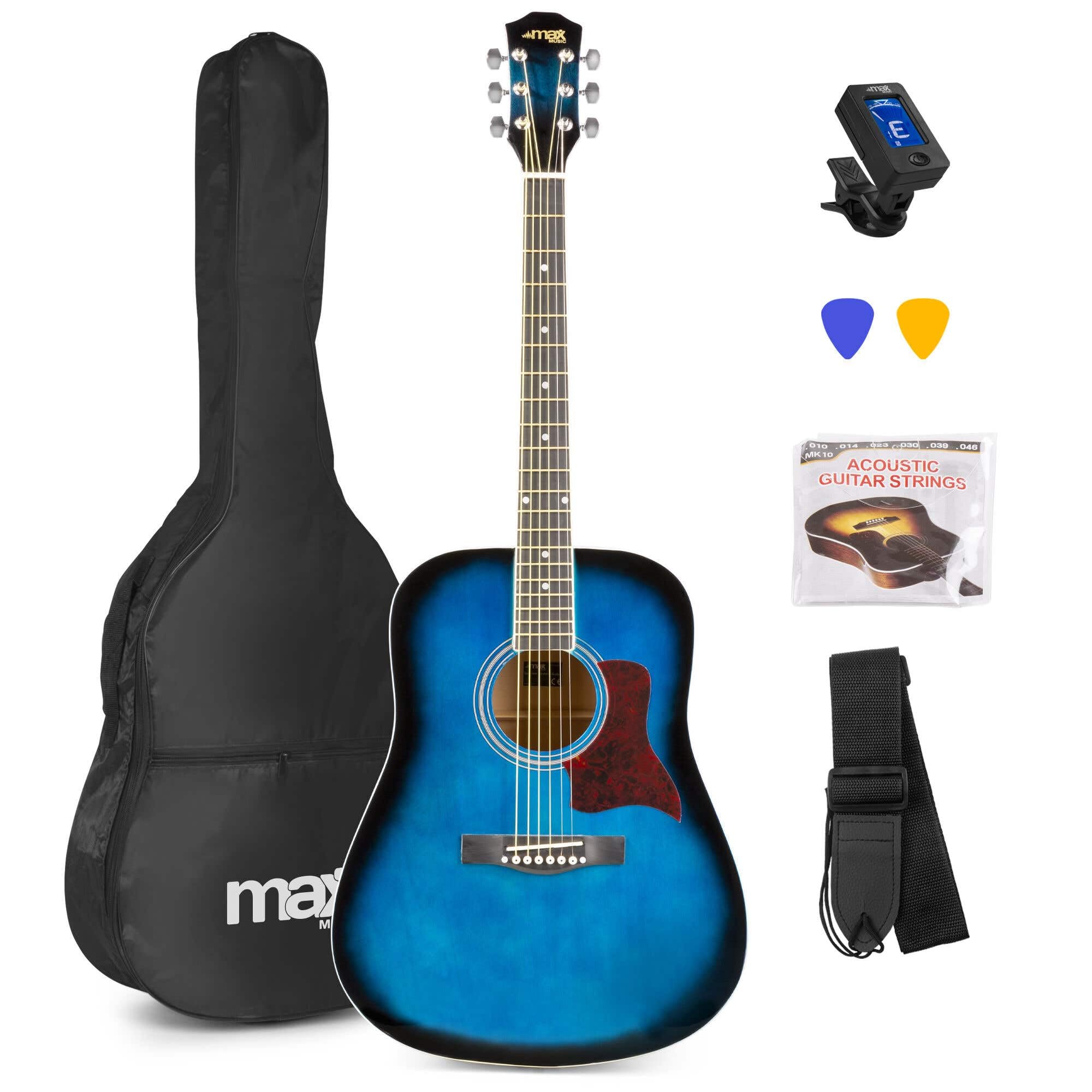 MAX SoloJam Westerngitarre, Akustik Gitarre Set, Acoustic Guitar, Akustikgitarre 4/4 mit Tasche, Notenständer, Plektrum, Stimmgerät, Schultergurt, Stahlsaiten, Anfängergitarre - Blau