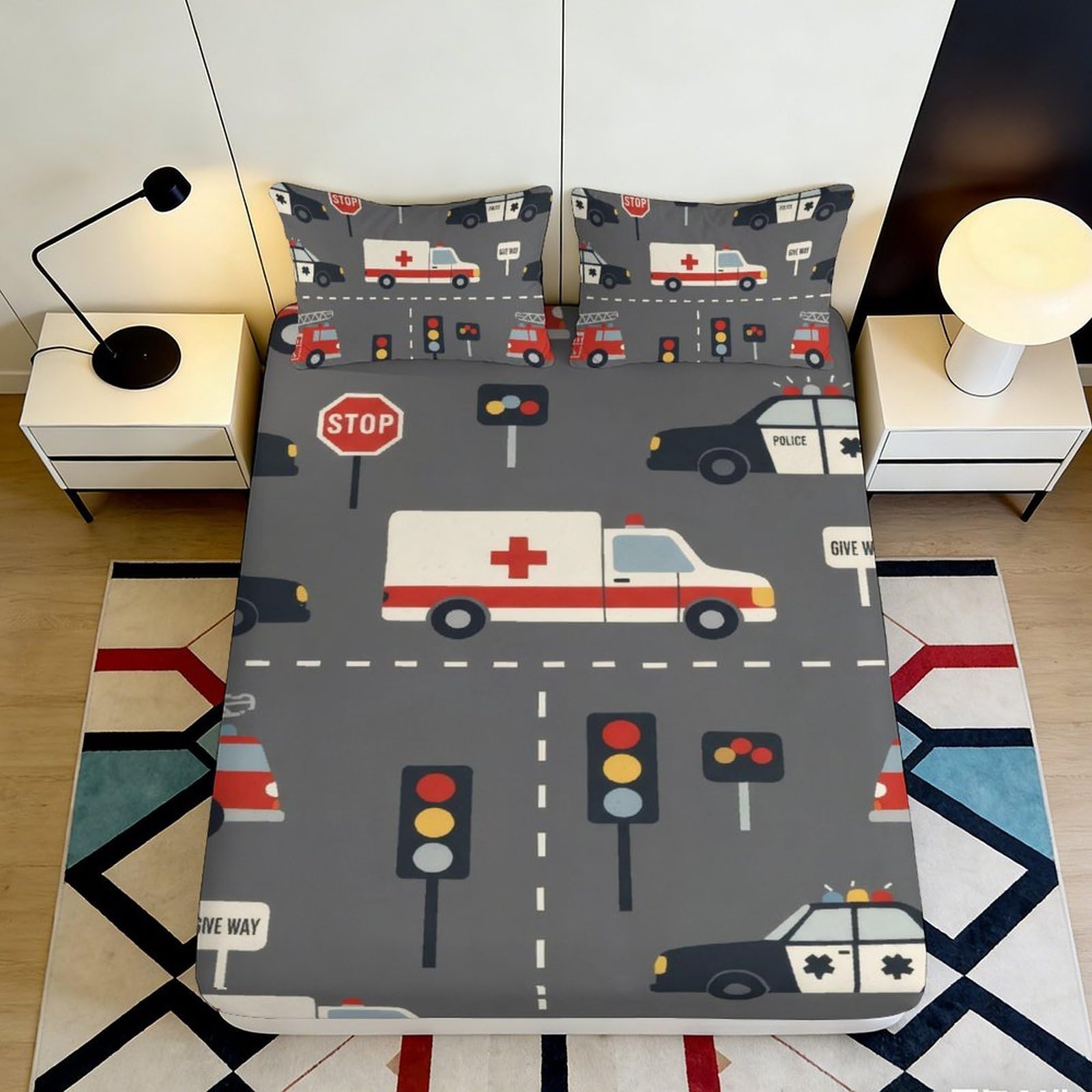 3D Printed Traffic Road Fitted Sheet Microfiber Grey Cartoon Emergency Vehicle Bed Sheet for Bedroom Guest Room Decor 90x200x25cm