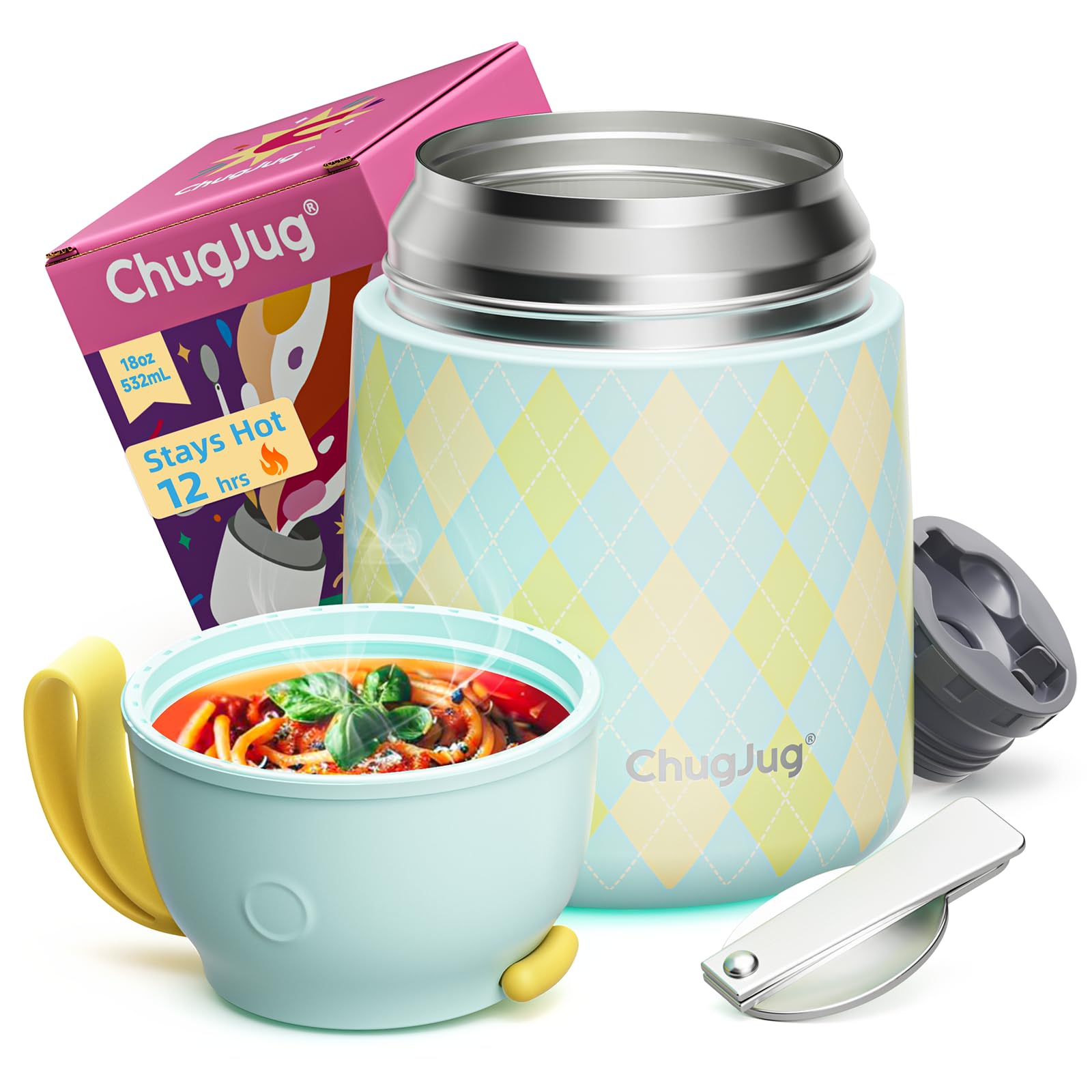 ChugJug Thermobehälter für Essen 750ml, Edelstahl Thermobecher für Essen Warmhaltebehälter mit Löffel, Auslaufsicher Lunchbox, BPA-frei, Thermobox Suppen, Müsli to Go-Hält 12 Stunden Heiß oder Kalt