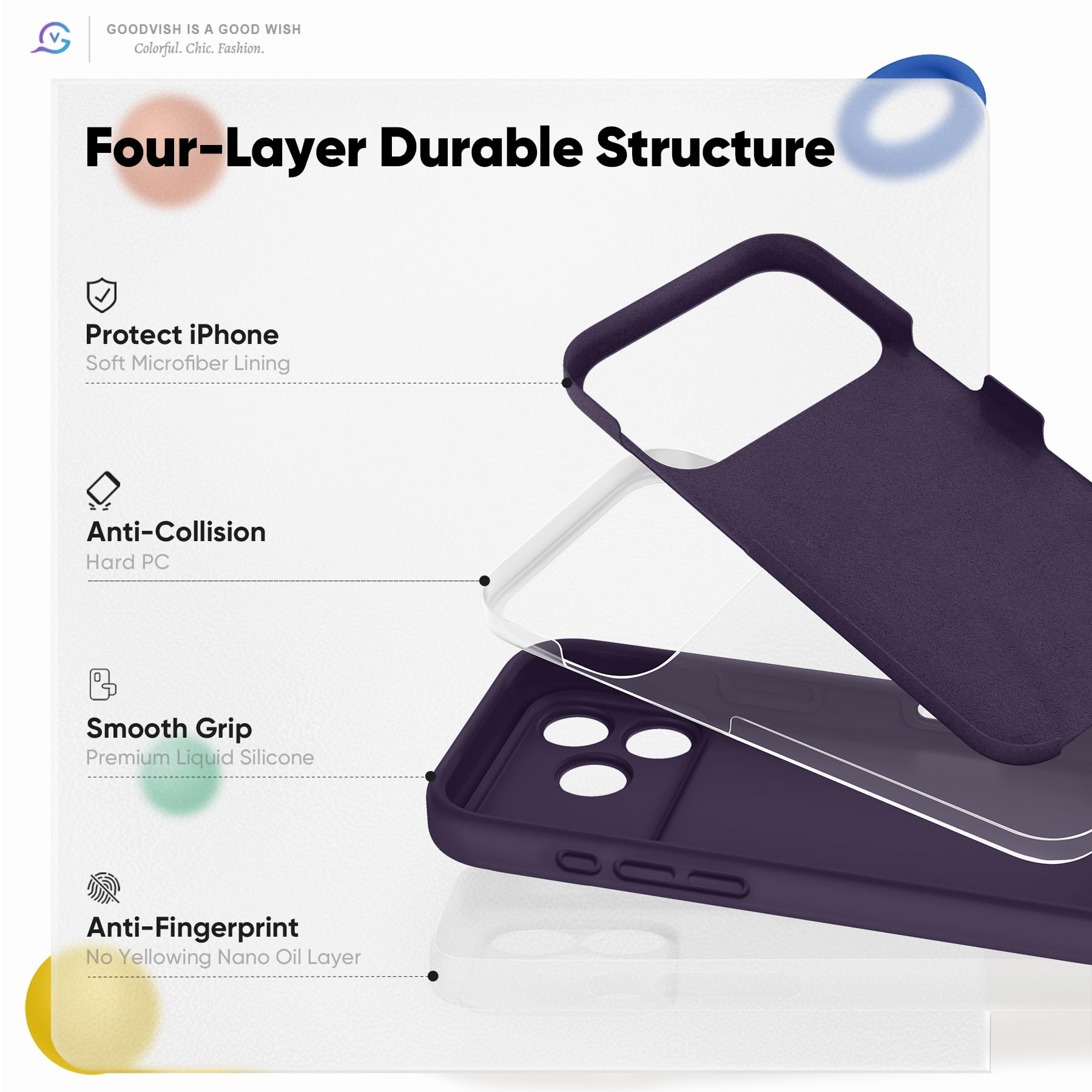 GOODVISH Silicone Cover per iPhone 17 Pro 6.3", Custodia con 2x Vetro Temperato [Pulsante Controllo Fotocamera] 360° Protezione Anticaduta Case per Cellulare Antiurto Resistente, Viola Scuro