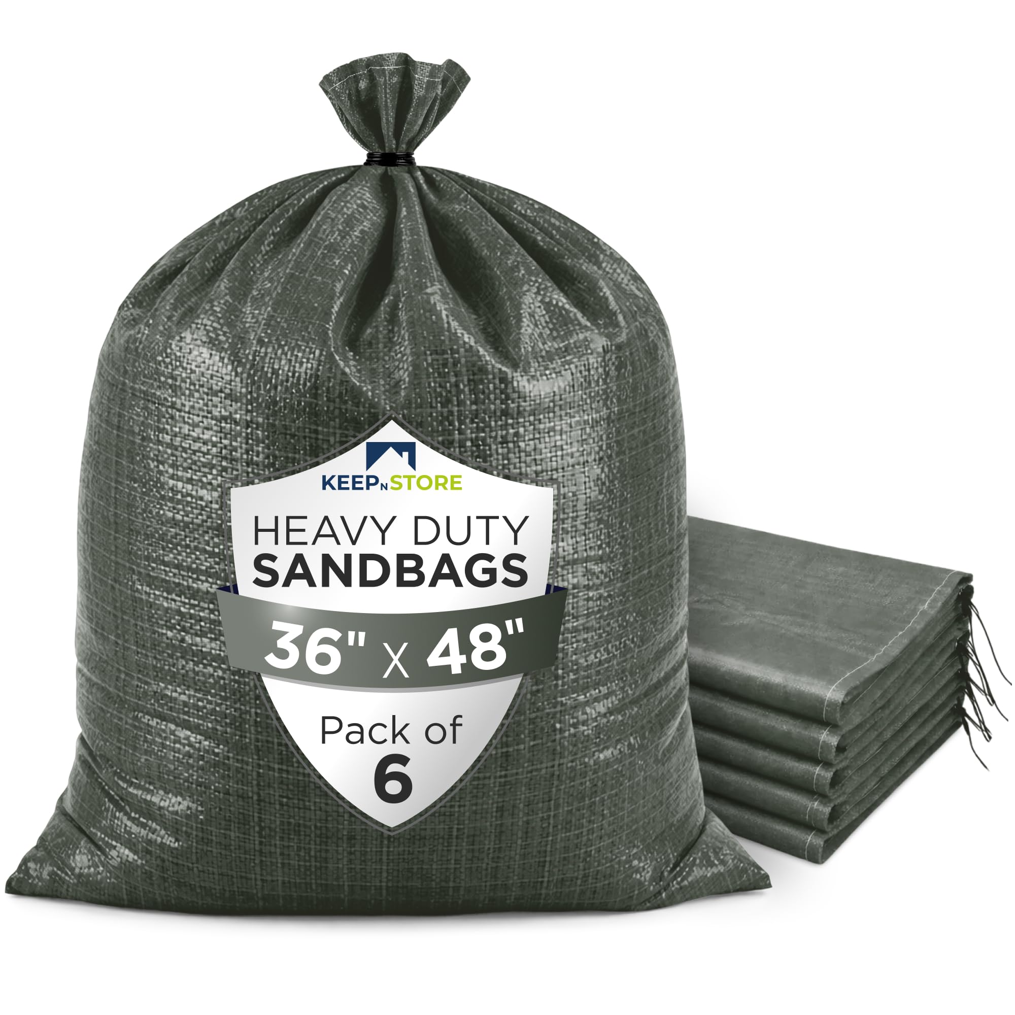 Heavy Duty Sand Bags Pack of 6, Army Green Empty Sandbags with Built-In Ties, Woven Polypropylene UV Protection 1600 Hours, Fillable Bags for Flood Control, Weight, 36x48 inches, 175 Pounds Volume