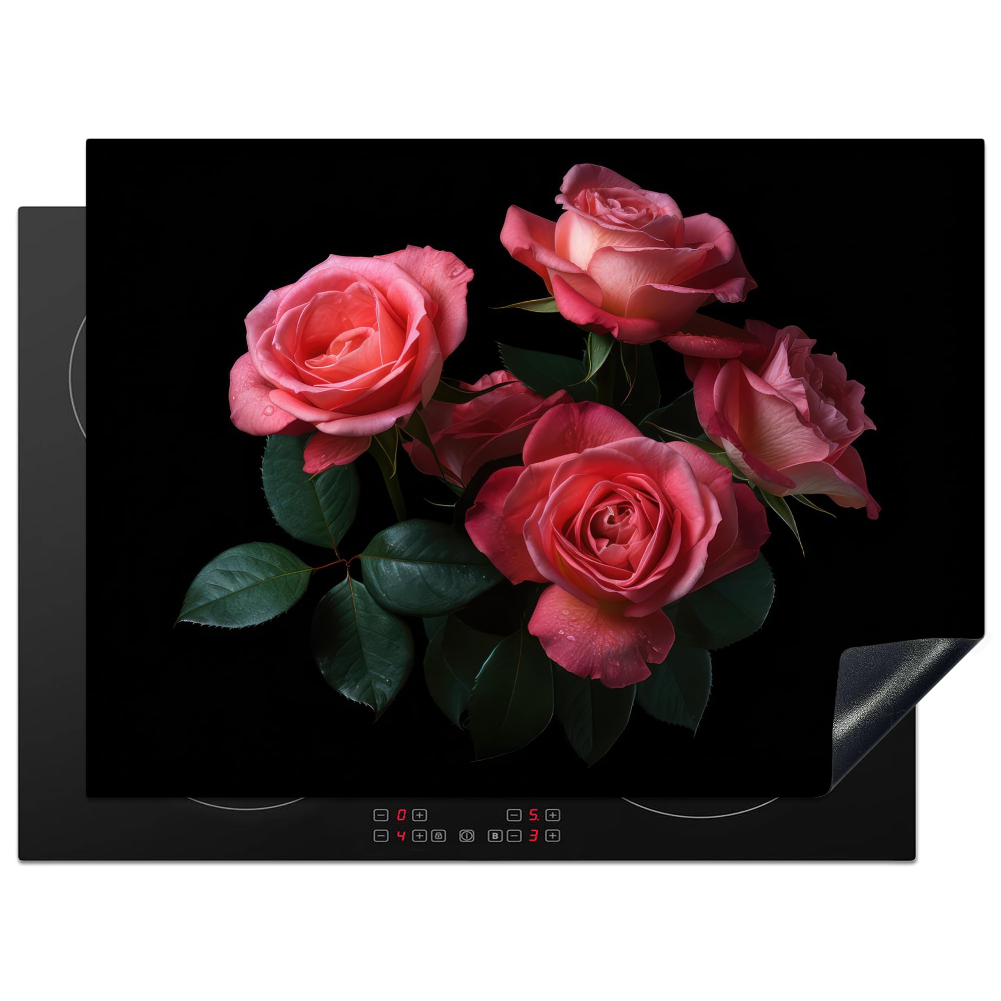 KitchenYeah© Induction Hob Protector Mat 20.5"x27.6" / 70x52 cm Stove Cap Top Cover Kitchen Cooker Covers for Electric Hobs Vinyl Roses - Pink - Flowers - Nature - Black