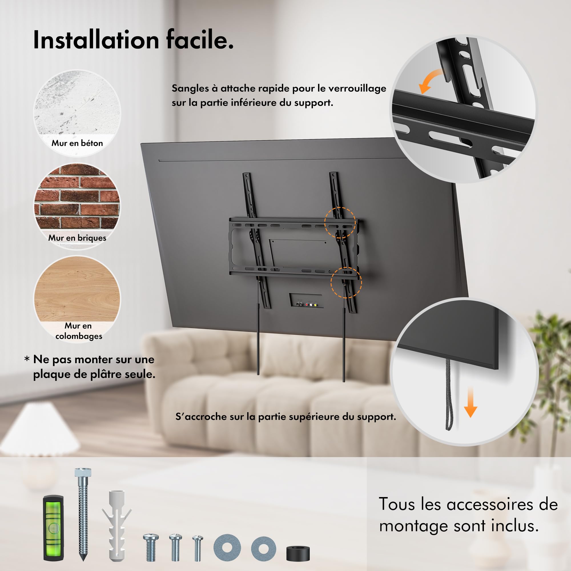 VonHaus Support Mural TV Ultrafin pour Écrans 32-70" - Support TV Mural avec Niveau à Bulle - Capacité de 45 kg - VESA Max : 400 x 400 mm