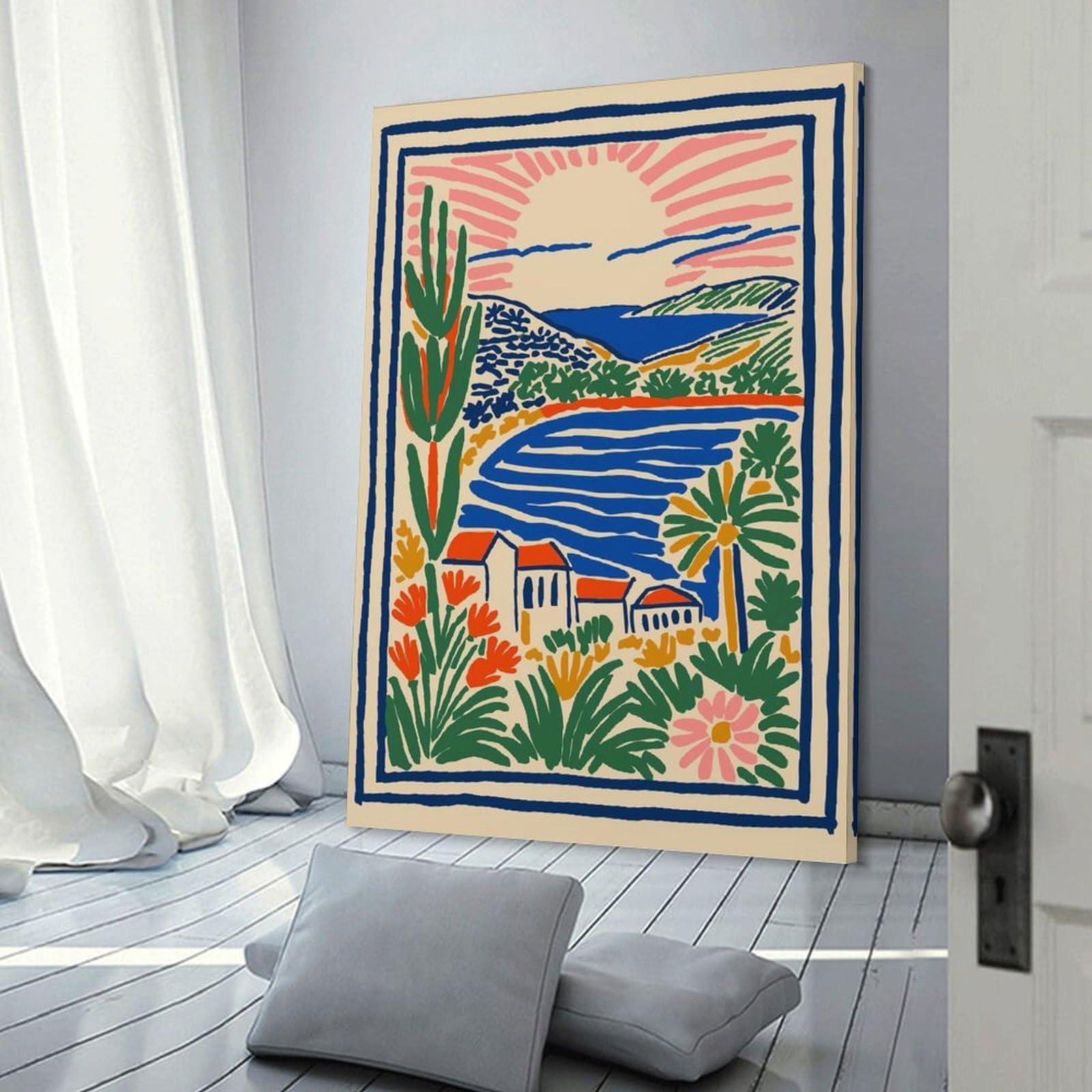 Junmoney Decorative Canvas Print Vibrant Coastal Landscape with Houses And Sun, 24x36inch(60x90cm), for New Homes, Bedrooms Or Workspaces, A Wall Art Gift for Fresh Interiors