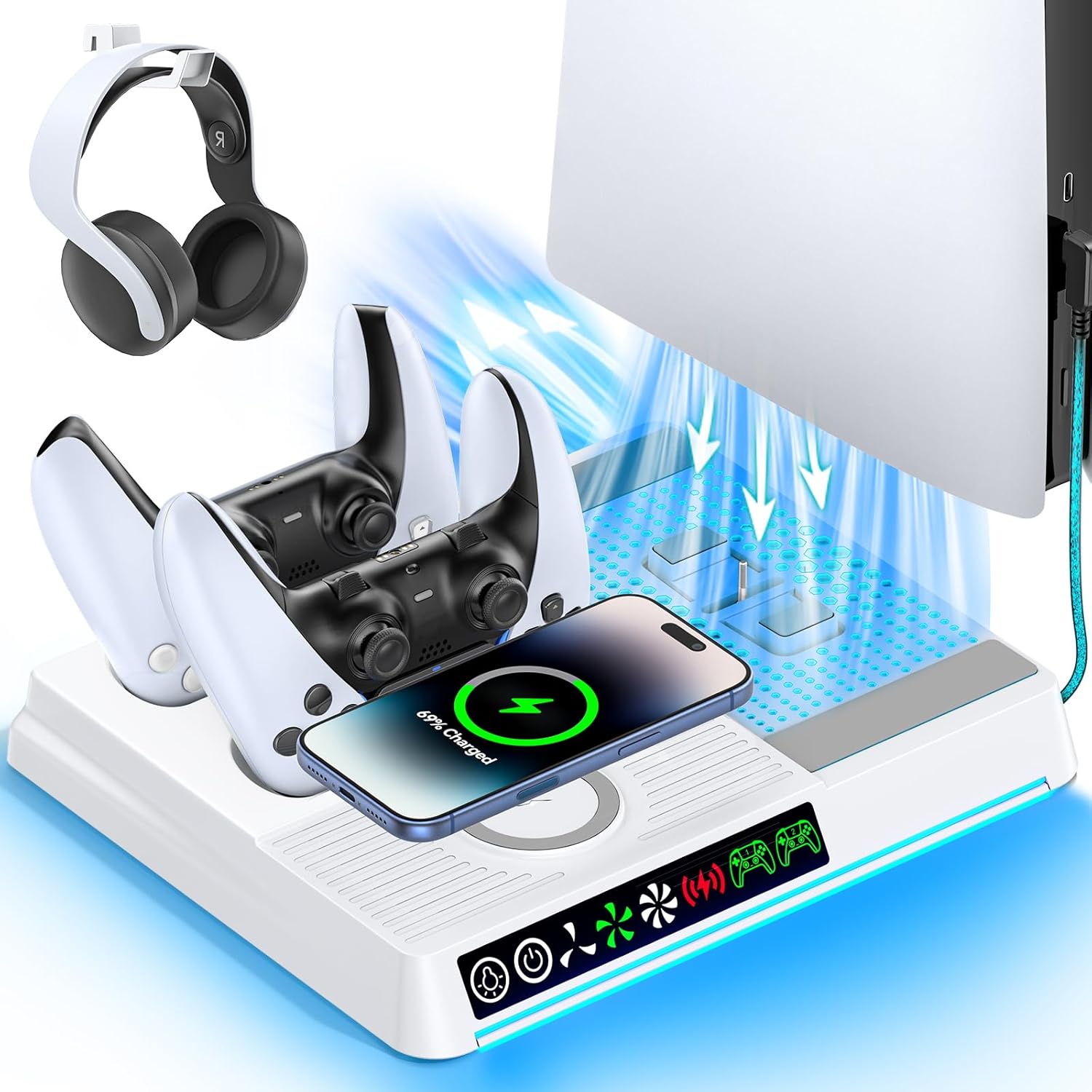 PS5/SLIM/PRO Cooling Station with Controller & Wireless Charger, PS 5 Vertical Cooling Stand for Disc & Digital Console, Dual PS5 Controller Charging Station for DualSense & Edge