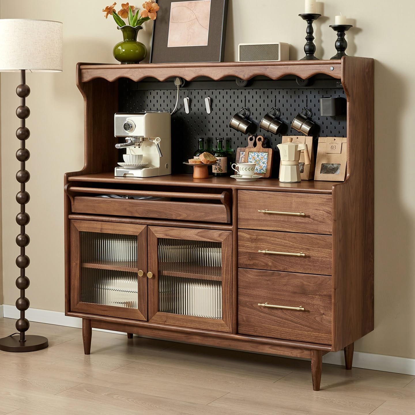 Armadio a buffet Credenza in noce nera per bar ristorante, caffetteria, armadio portaoggetti in stile giapponese, soggiorno, ingresso, corridoio, credenza per mobili decorativi (120 x 45 x 140 cm)