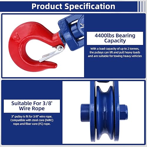 Miniatura 4 de Bloque de arranque de 2 toneladas con gancho giratorio y pestillo, polea de 3 pulgadas, cuerda de alambre de 3/8 pulgadas, una sola polea, camiones