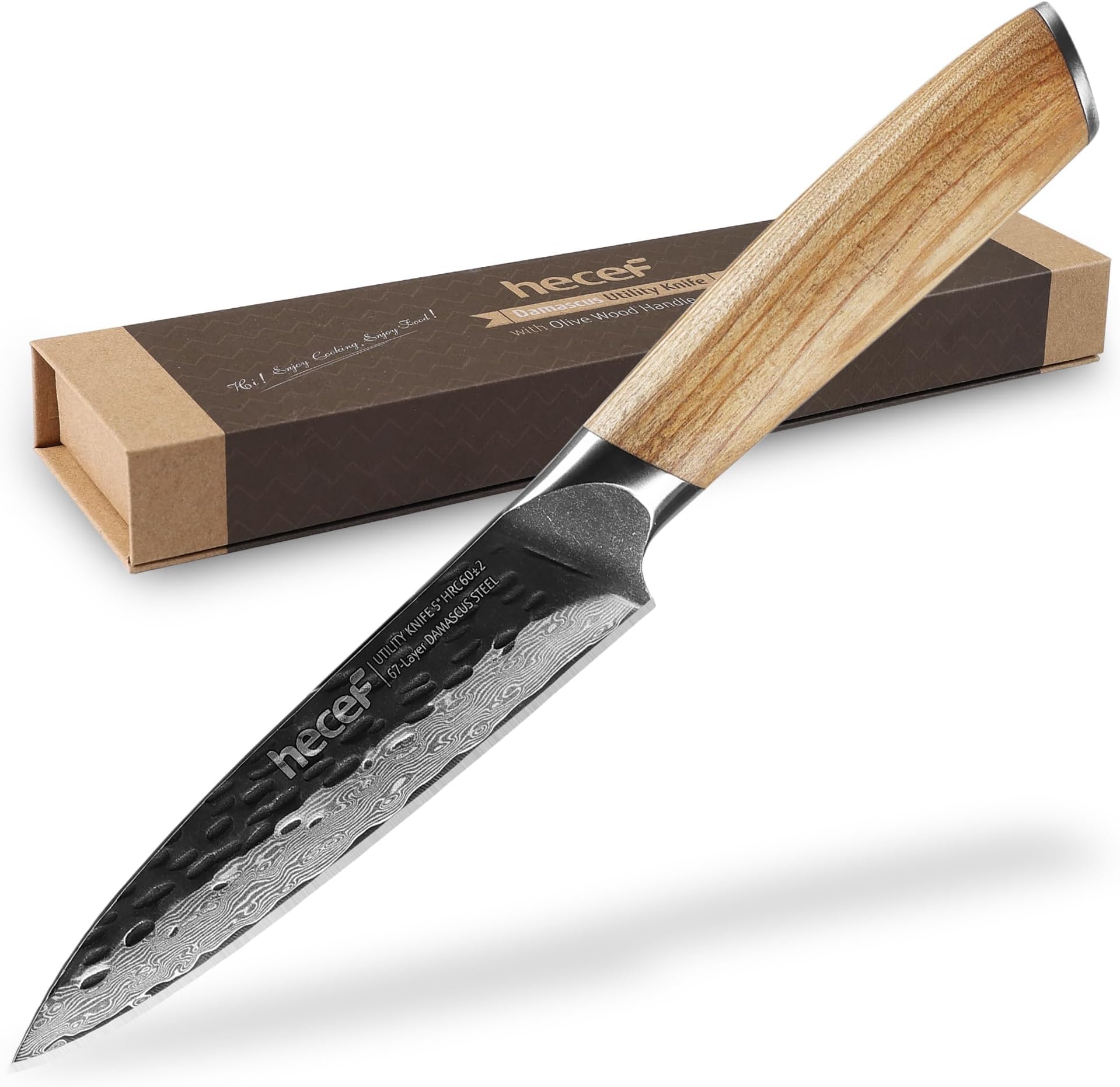 hecef Damascus Steel Kitchen Knife, Ultra-Sharp 5 Inch Utility Knife with Olive Wood Handle for Vegetable and Fruit