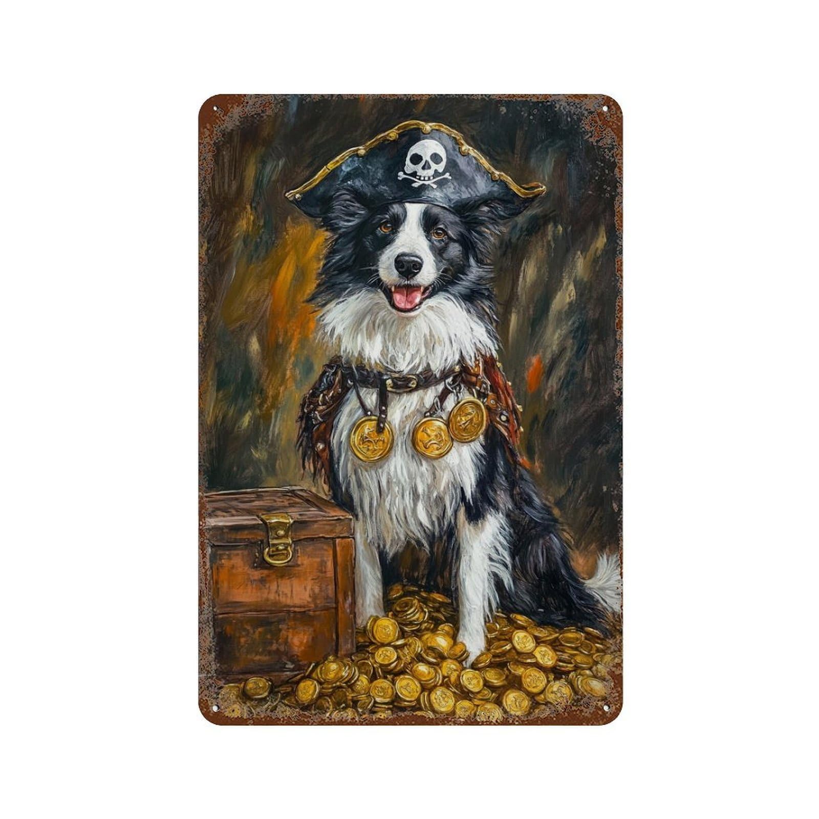 Pirate Dog Treasure Chest-36 Weathered Tin Sign 11.8"x7.9", Decorative Metal Wall Art for Garage, Bar And Workshop Decor