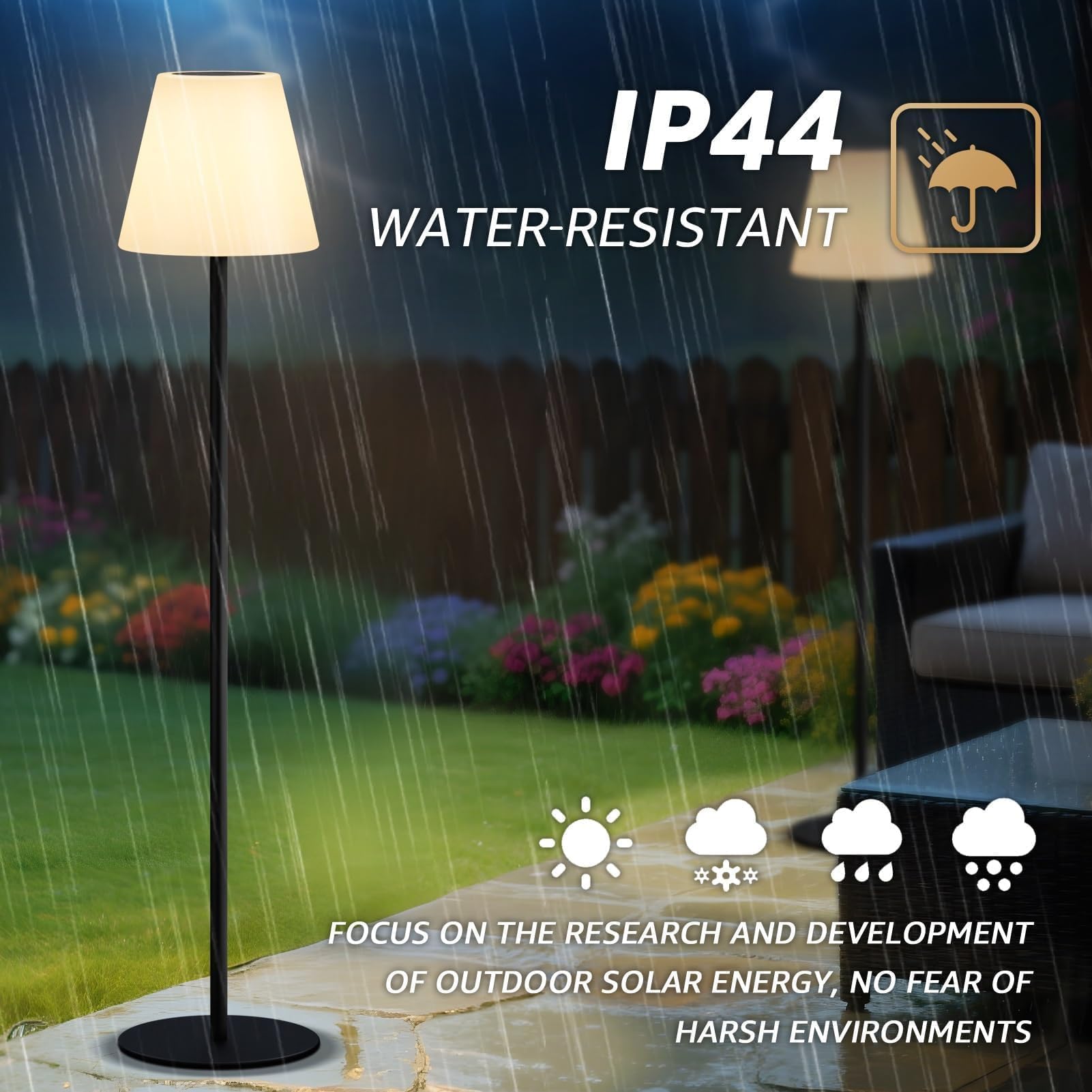 Lámpara solar de pie para exteriores, recargable por USB, inalámbrica, regulable, RGB de color blanco cálido, luces LED para patio, jardín, patio