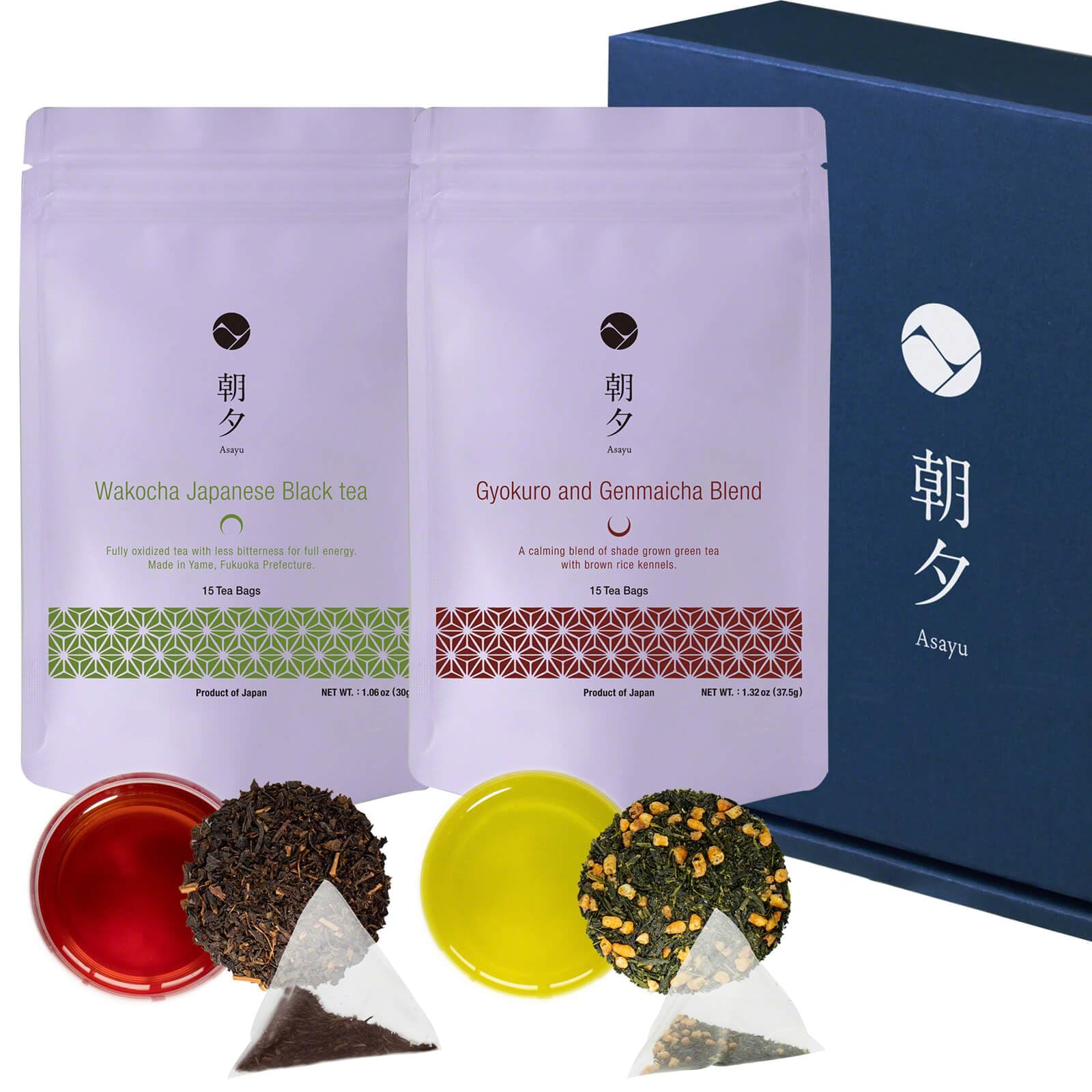 Asayu Japan Set de Té - Timeless Brew Gift Set (Té Negro Japonés Wakocha y Genmaicha con Gyokuro) 30 Bolsitas, Hecho en Japón, para Relajación y Concentración