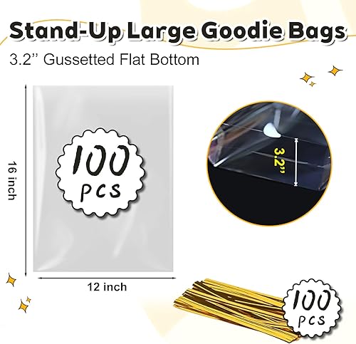 Miniatura 4 de PigPotParty 12 x 16 pulgadas, 100 bolsas de refuerzo inferior, bolsas de plástico transparente de celofán para regalo con 100 lazos giratorios,