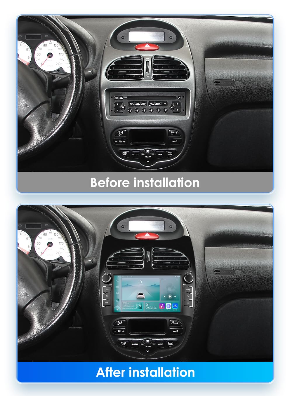 Autoradio Android 14 con touchscreen da 7 pollici e processore quad-core per Peugeot 206 206cc 2000-2008 WiFi CarPlay/Android Auto Bluetooth 4G SWC GPS RDS 2 GB + 32 GB