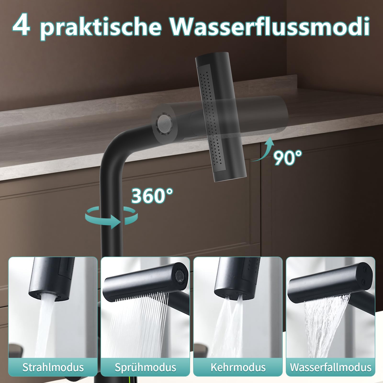 MIAOHUI Bateria kuchenna wysuwana ze wskaźnikiem temperatury, jednouchwytowa bateria mieszakowa, 4 tryby pracy, kran kuchenny, wysuwana, obracana o 360°, wysokociśnieniowa armatura zlewozmywakowa
