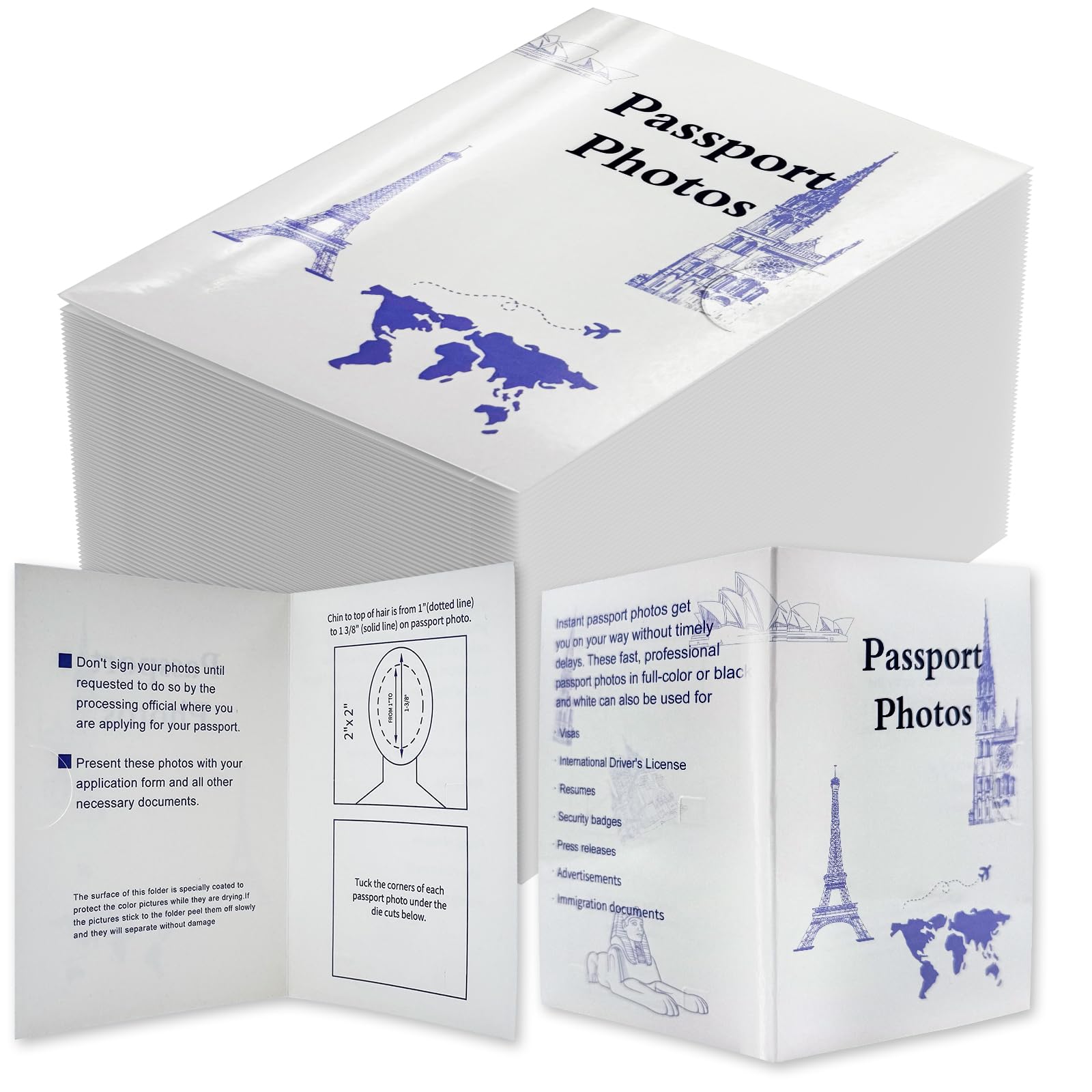 200 Pack Passport Photo Holder with Closed Design, Thick Paper with Glossy & Matte Coating, 5.31x3.54 Inches, 2 Slots for Passport Photos - for Office