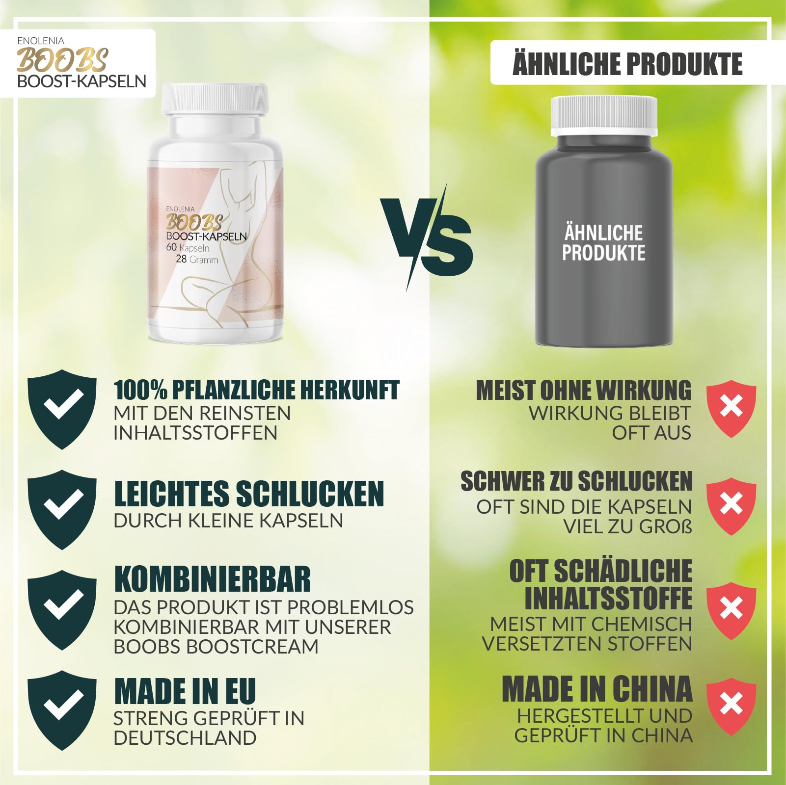 Enolenia® BoobsBoost Cápsulas – Aumento de senos – Apoyo natural para el levantamiento y firmeza – Pimienta monje en dosis altas – Pechos más firmes y llenos