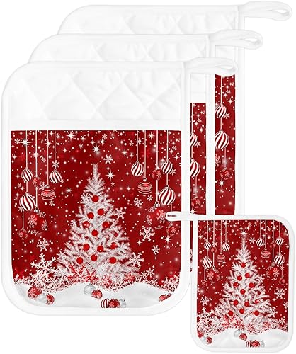 Christmas Tree 3Pcs Pot Holders for Kitchen, Non Slip & Heat Insulation Terry Cloth Potholder Set with Pocket, Thick Hot Pad Oven Mitts Trivet